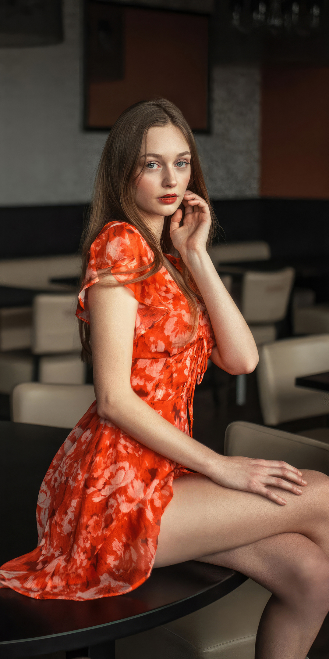 Brunette, orange skirt, pretty girl, 1080x2160 wallpaper