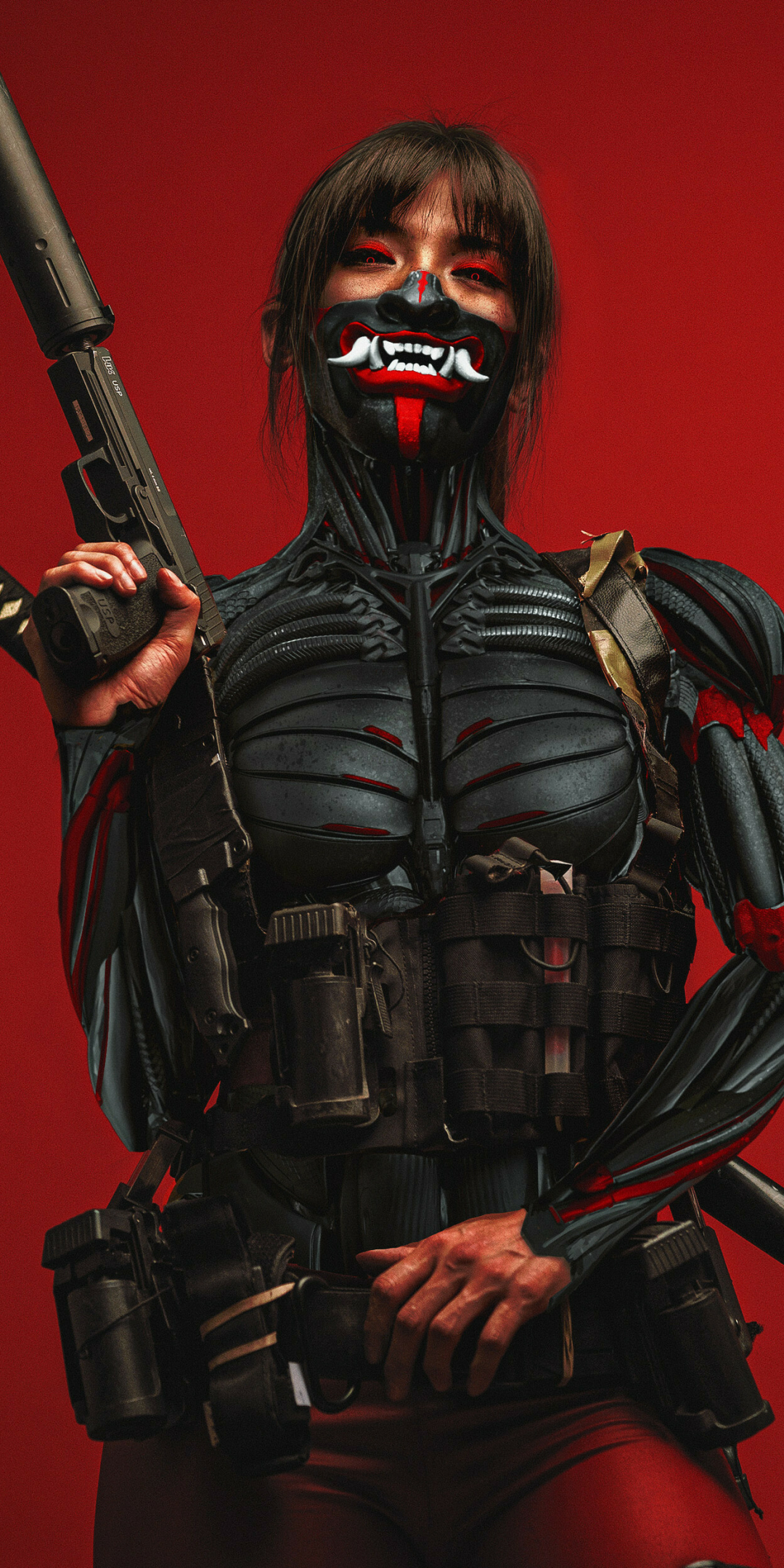 Cyberpunk ninja, with katana & gun, art, 1080x2160 wallpaper