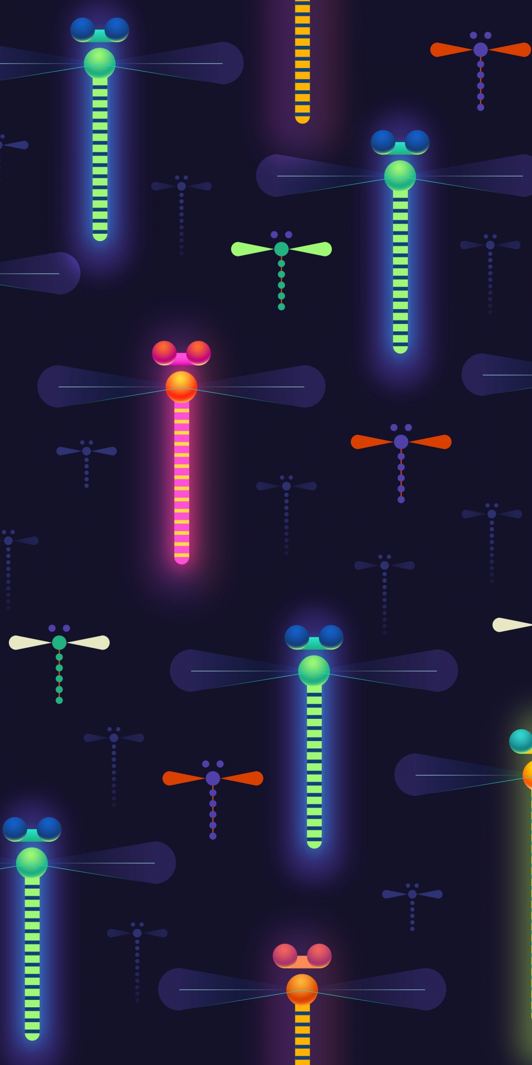 Dragonflies, neon, colorful, dark, 1080x2160 wallpaper