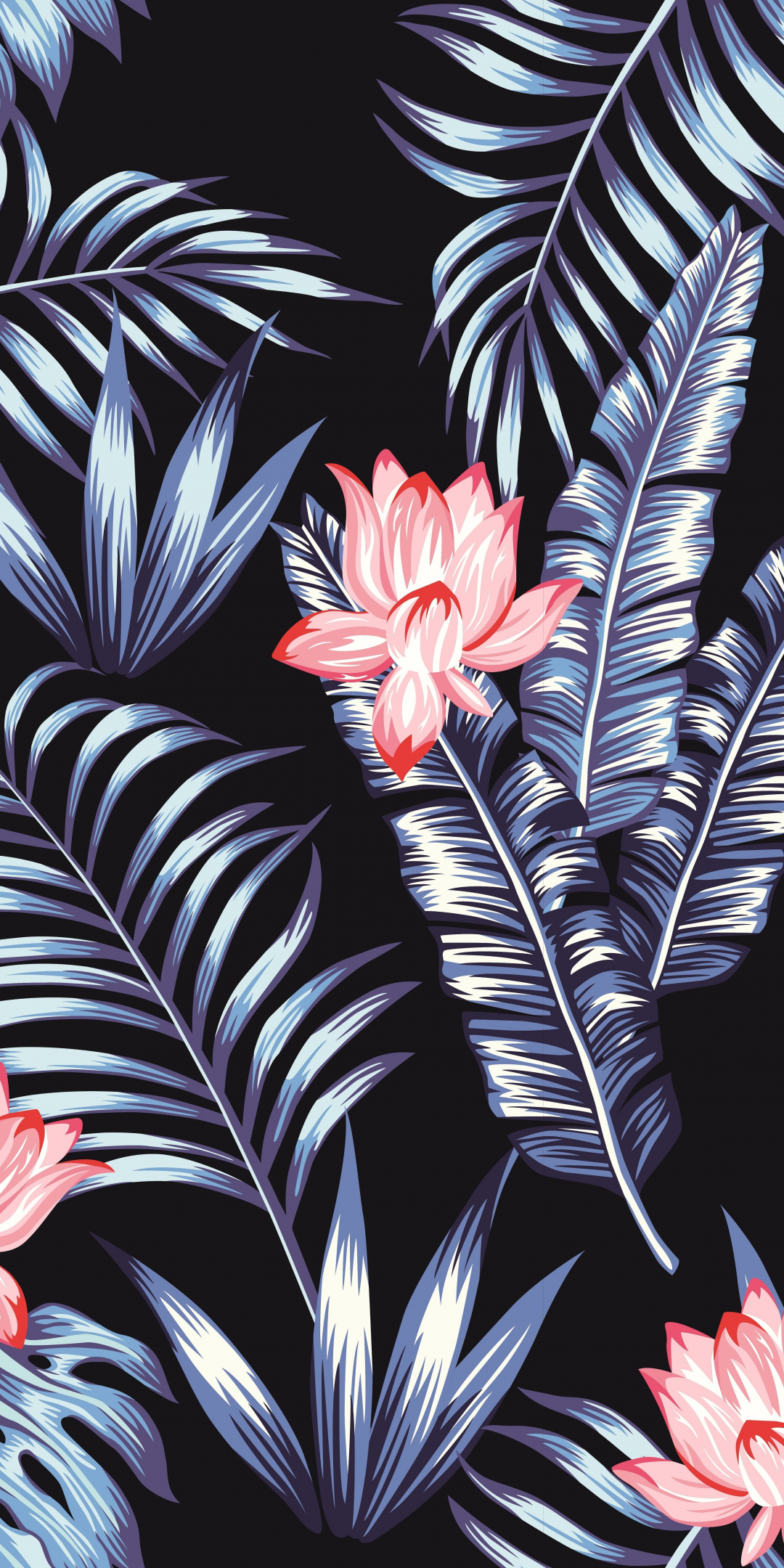 Vector art, leaves & pink flowers, art, 1080x2160 wallpaper