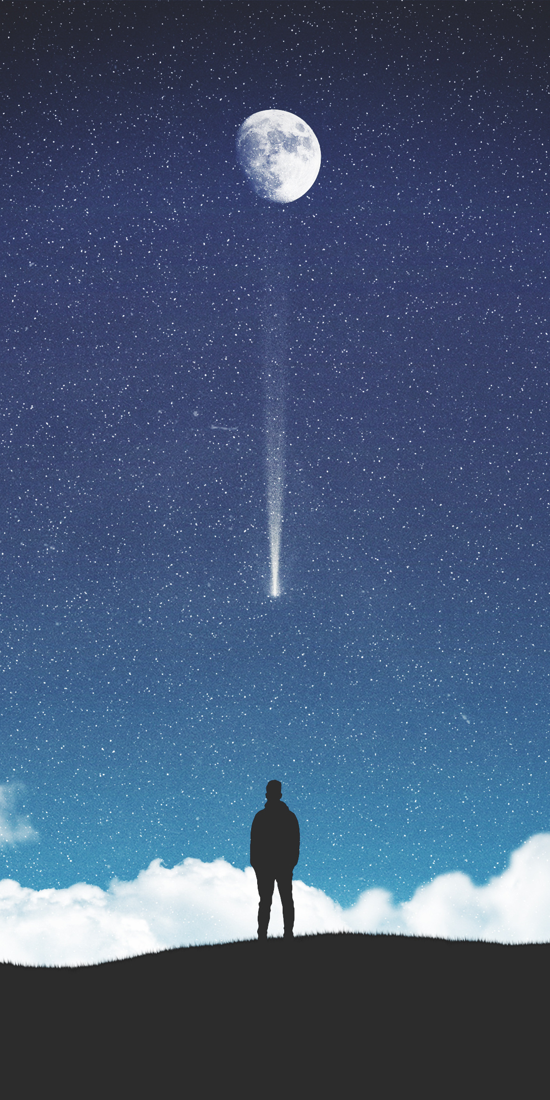 Moon, starry sky, silhouette, falling stars, 1080x2160 wallpaper