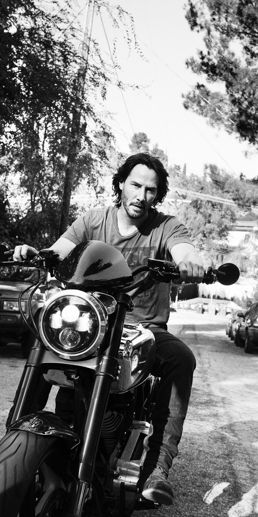 Keanu Reeves, on bike, actor, monochrome, 1080x2160 wallpaper