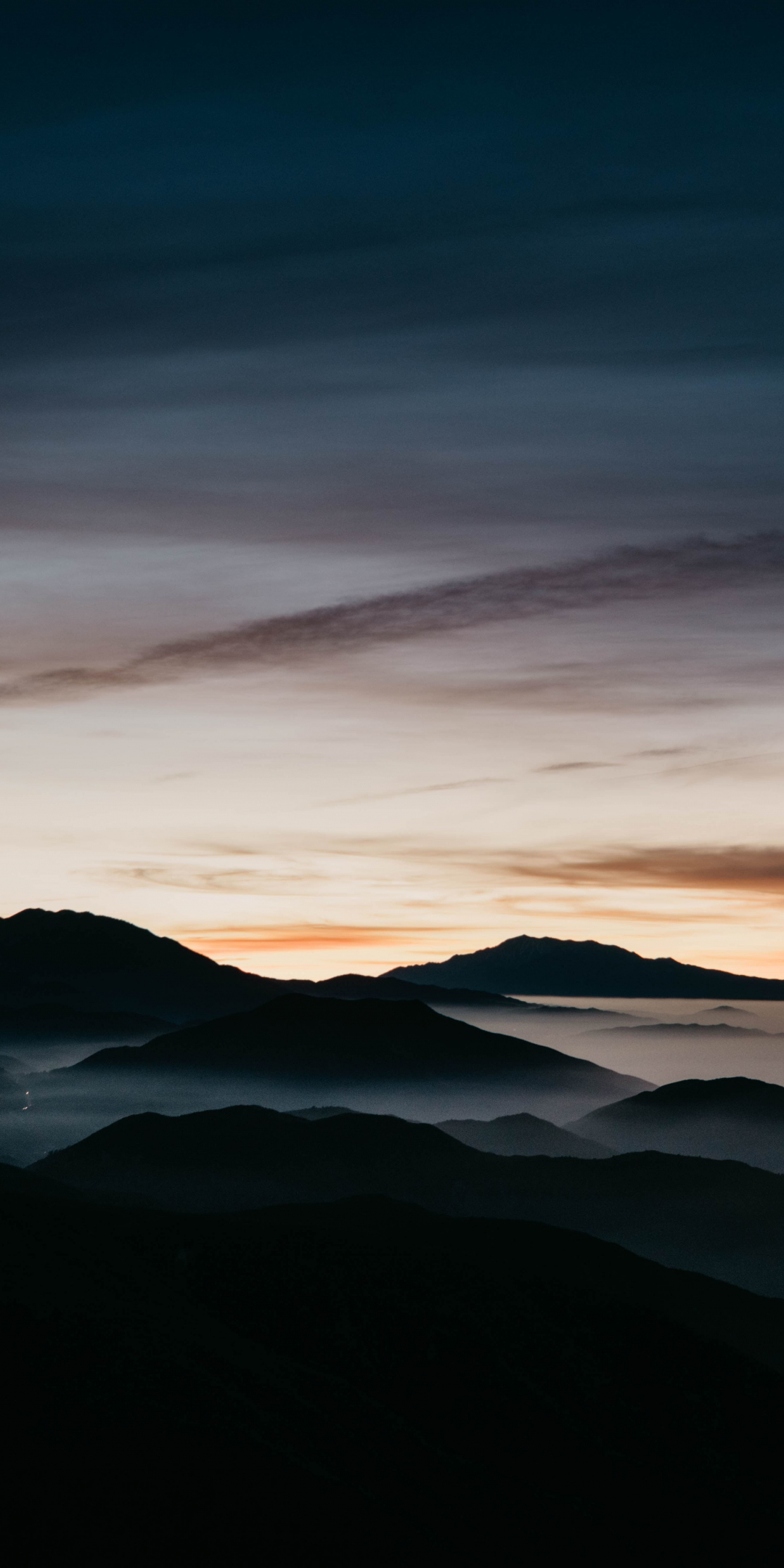 Mountains, sunset, fog, Dawn, horizon, skyline, aerial view, 1080x2160 wallpaper