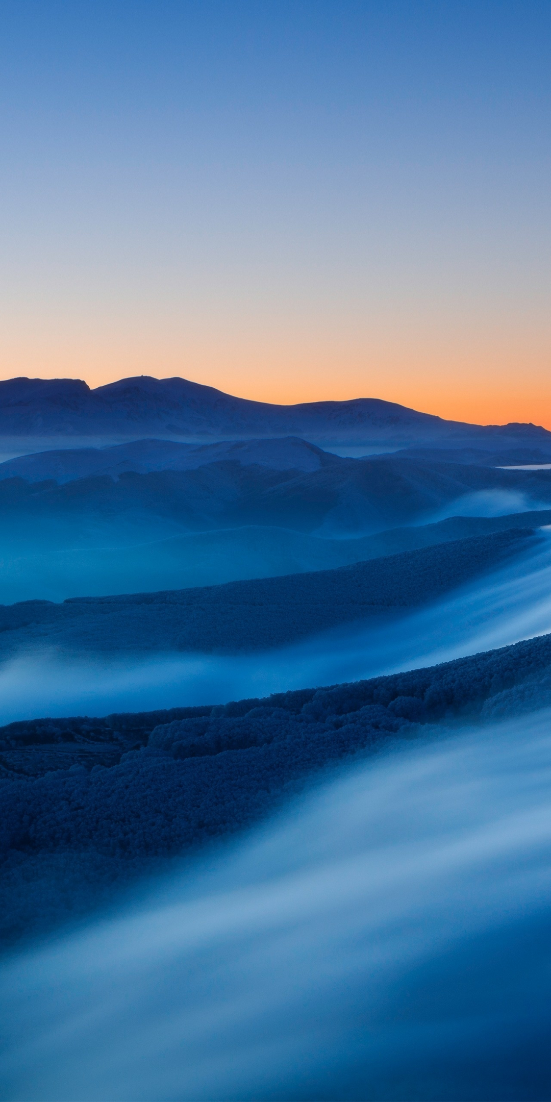 Sunset, mountains, fog, horizon, landscape, 1080x2160 wallpaper