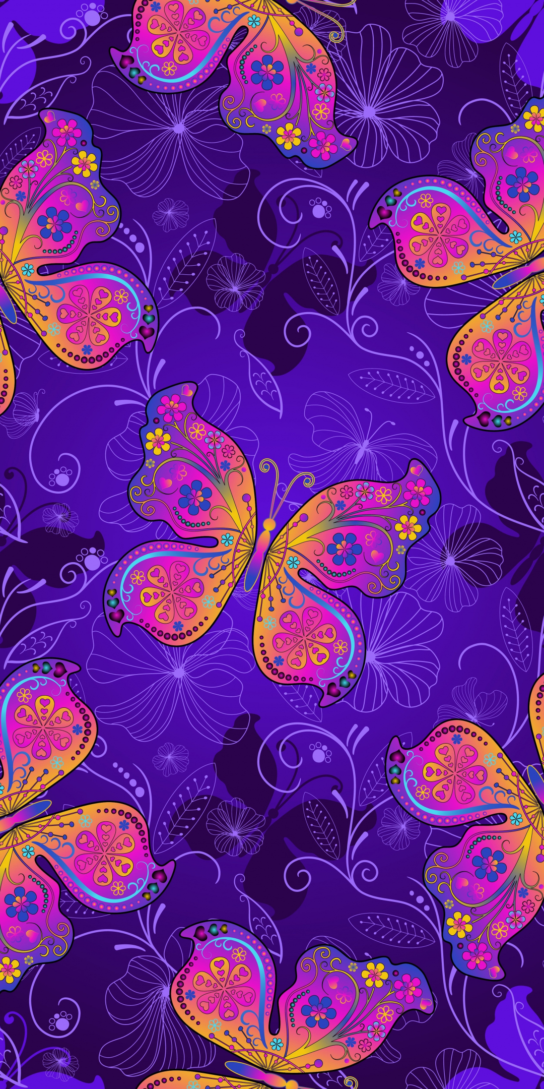 Butterflies, digital artwork, gradient, 1080x2160 wallpaper