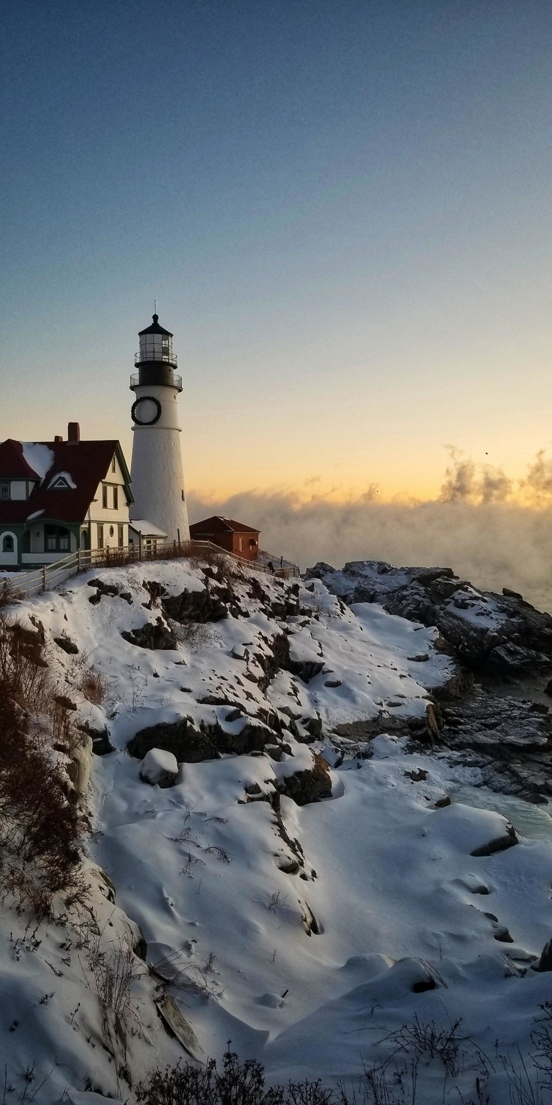 Lighthouse, coast, winter, 1080x2160 wallpaper