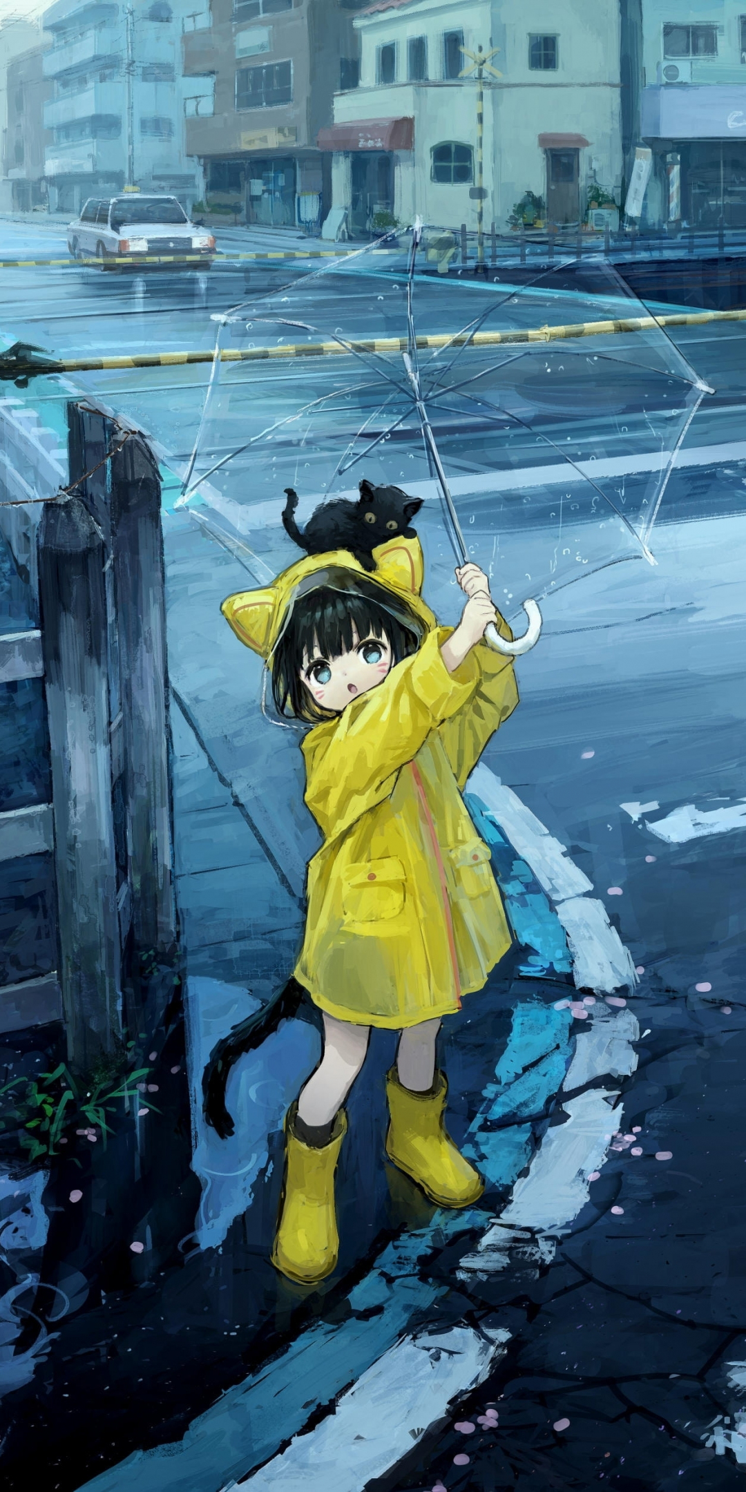 Cute anime girl, elf girl in rain, art, 1080x2160 wallpaper