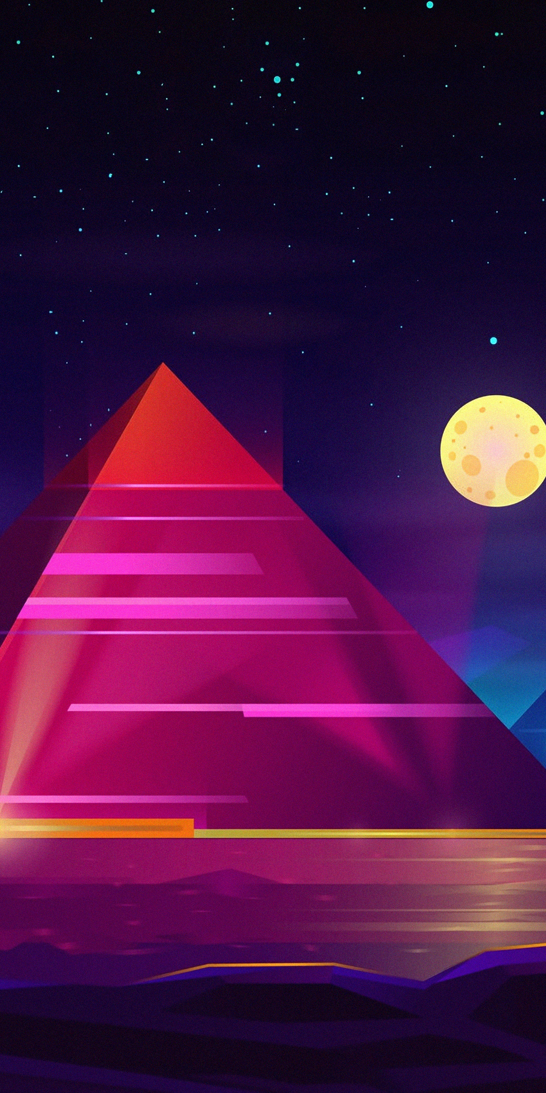 Pyramids, colorful, neon art, night, 1080x2160 wallpaper