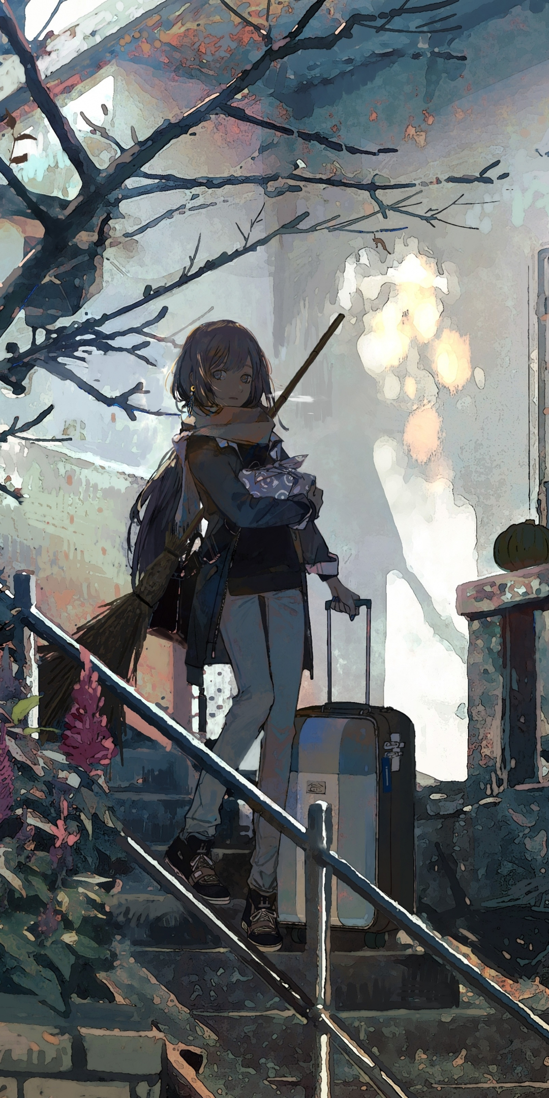 Stair, walk, anime girl, original, art, 1080x2160 wallpaper