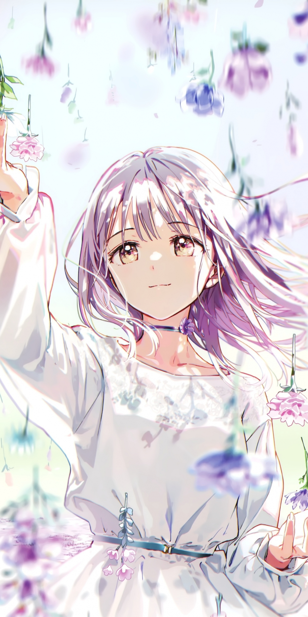 Blossom, flowers, anime girl, cute, 1080x2160 wallpaper
