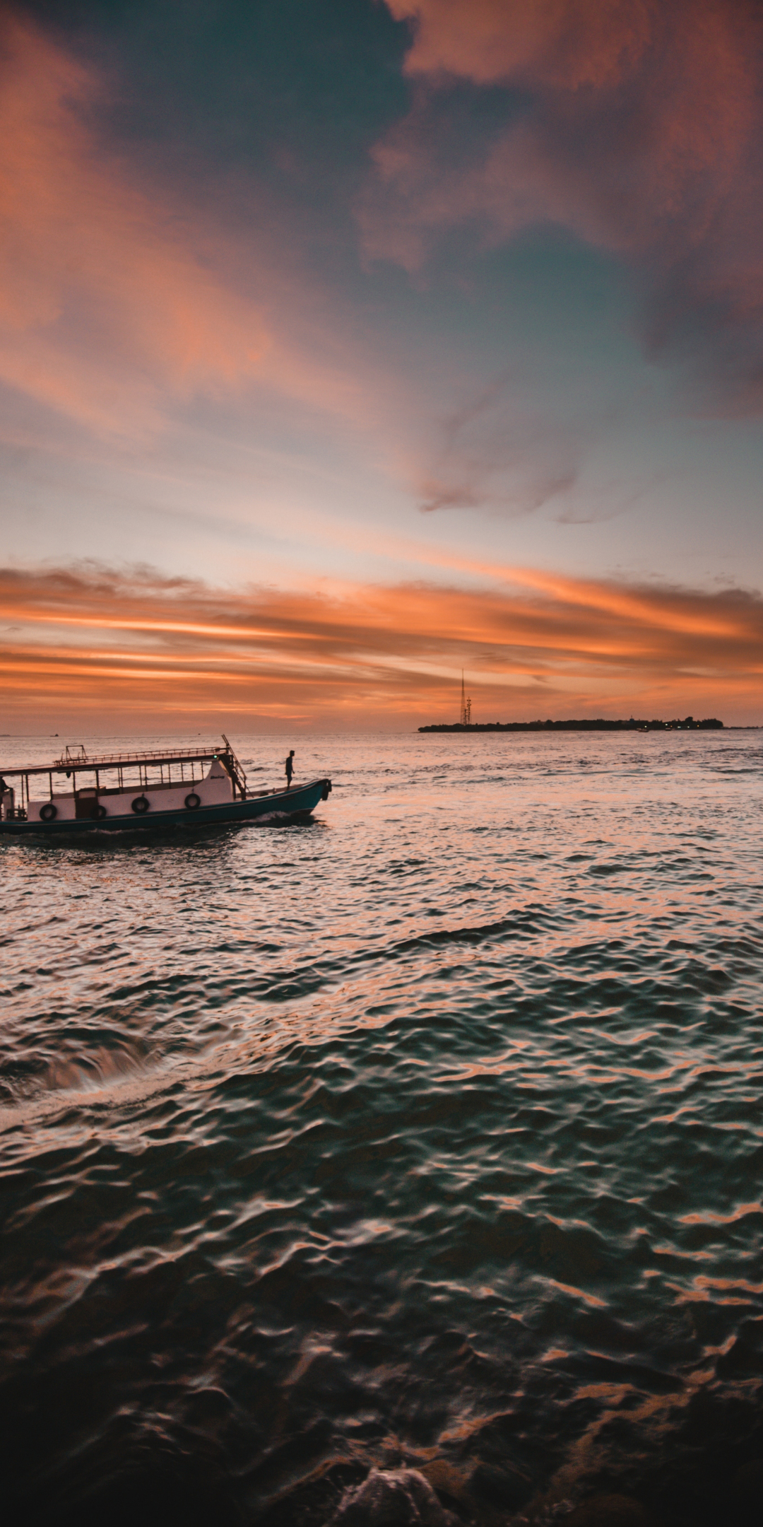 Boat, sunset, sea, 1080x2160 wallpaper
