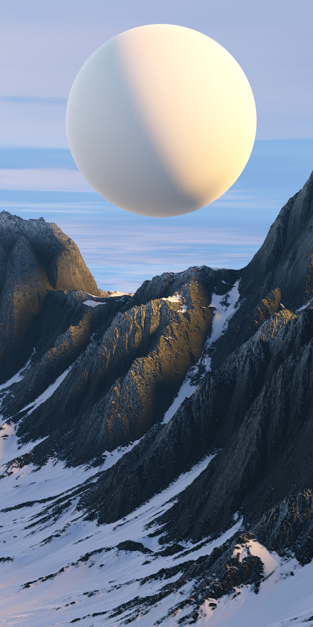 Rocky Mountains, 3D white moon, planet, illustration art, 1080x2160 wallpaper