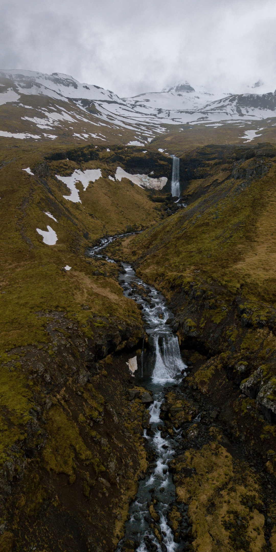 Waterfall, stream, green, Iceland, 1080x2160 wallpaper