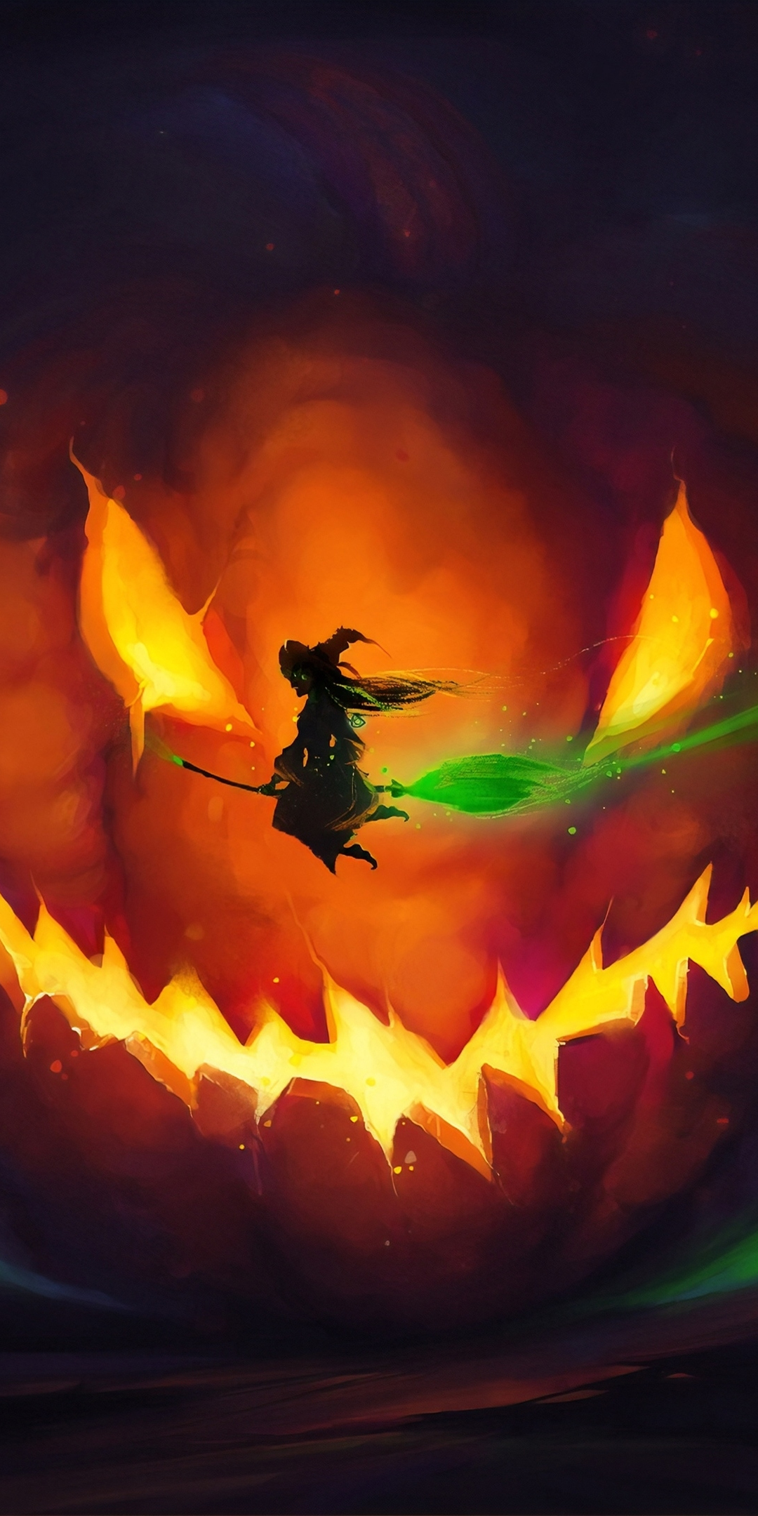 2019 Halloween, witch, flight, pumpkin glow, art, 1080x2160 wallpaper