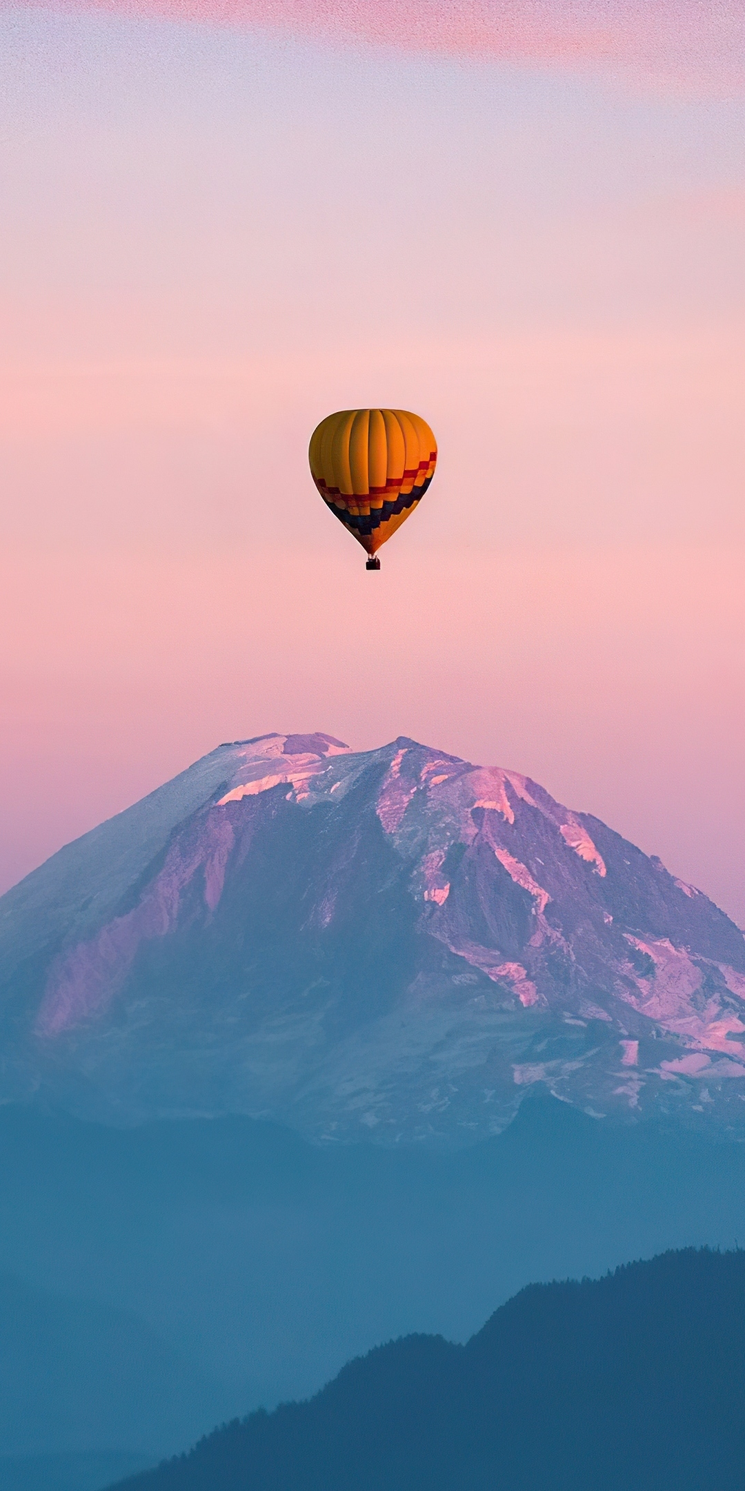 Air balloon flight, mountain, sunset, clean sky, 1080x2160 wallpaper