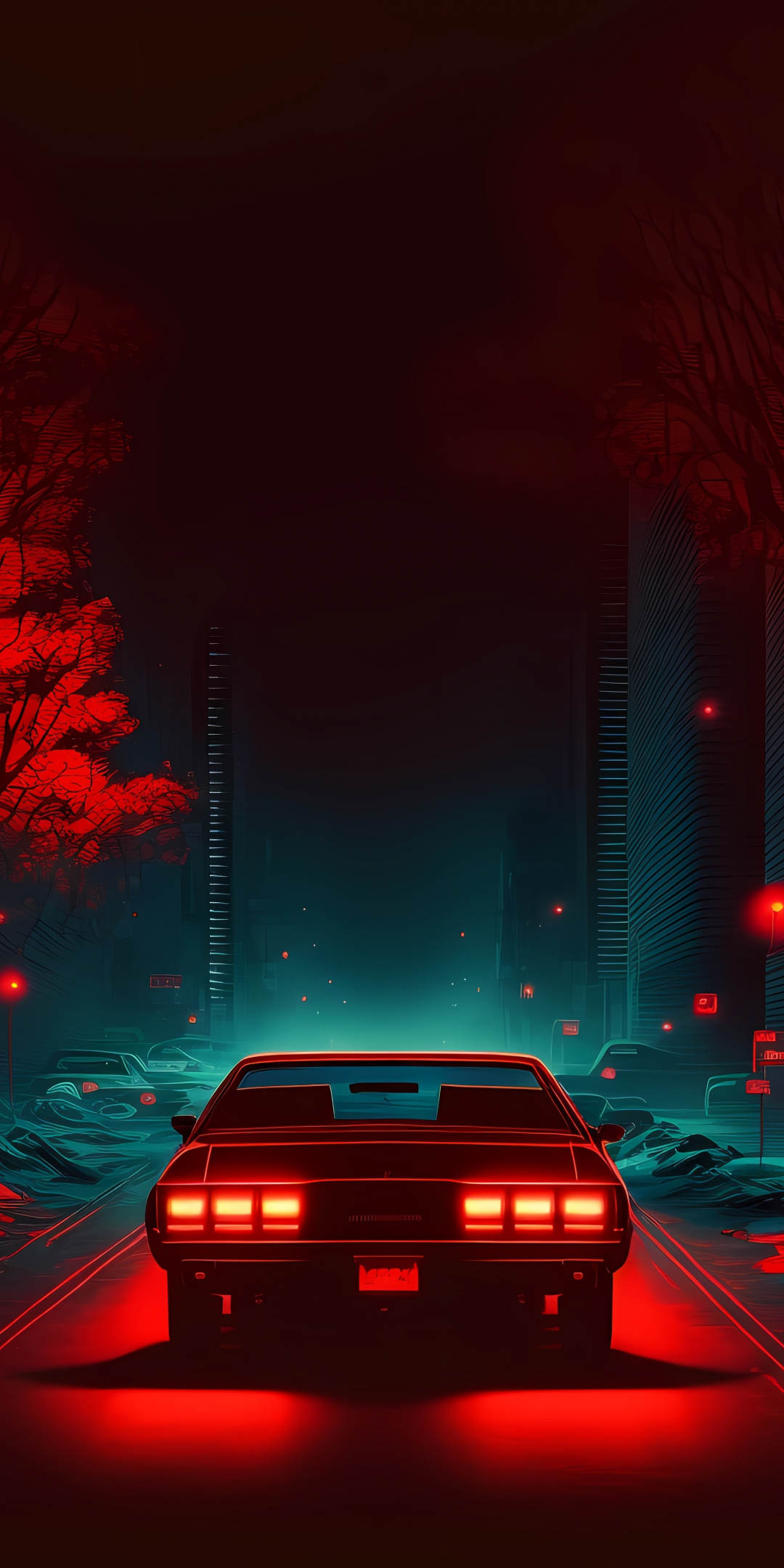 Red car on road, dark and minimal, digital art, 1080x2160 wallpaper