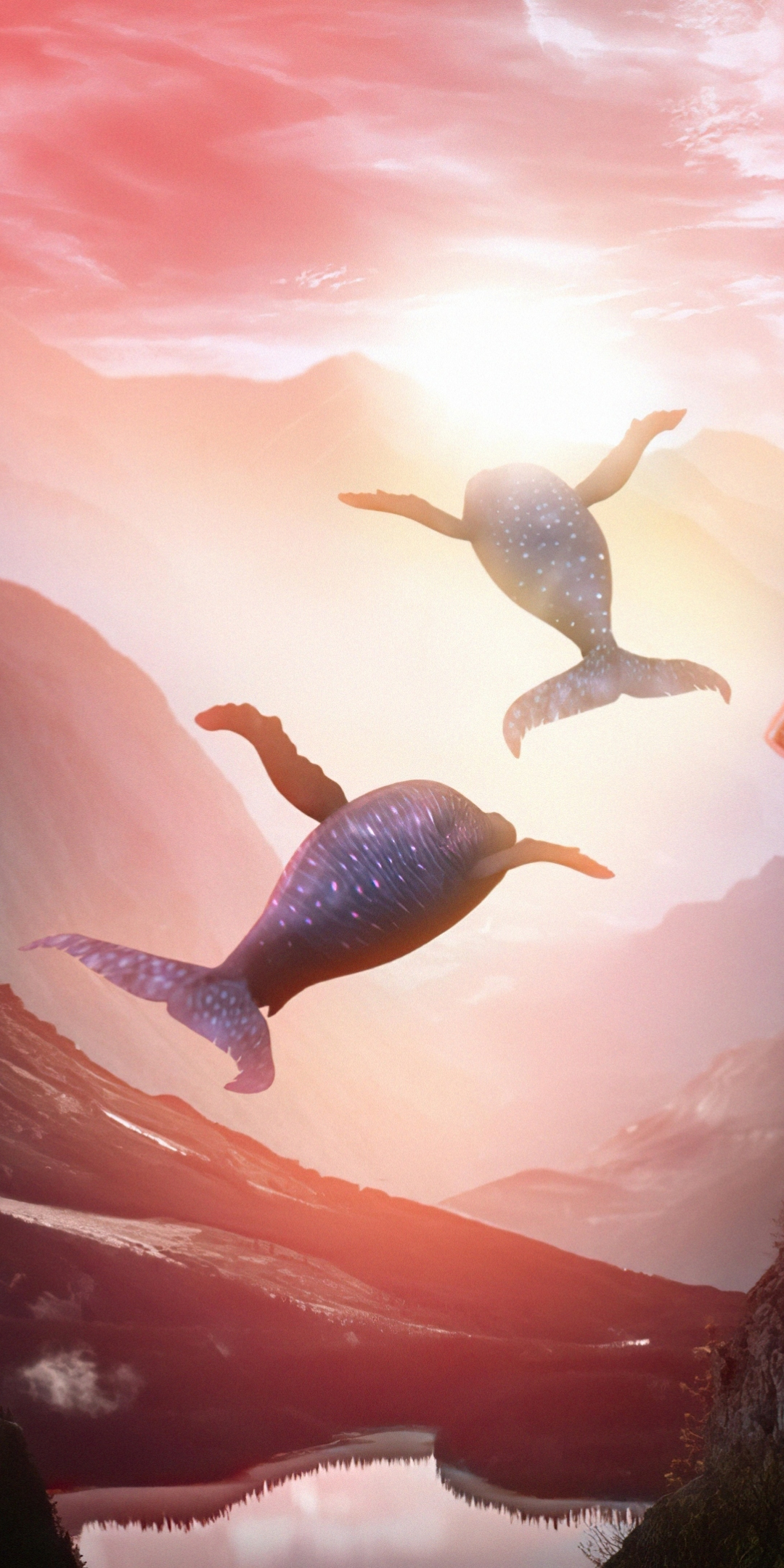 Flying whales, fantasy, valley, mountains, 1080x2160 wallpaper