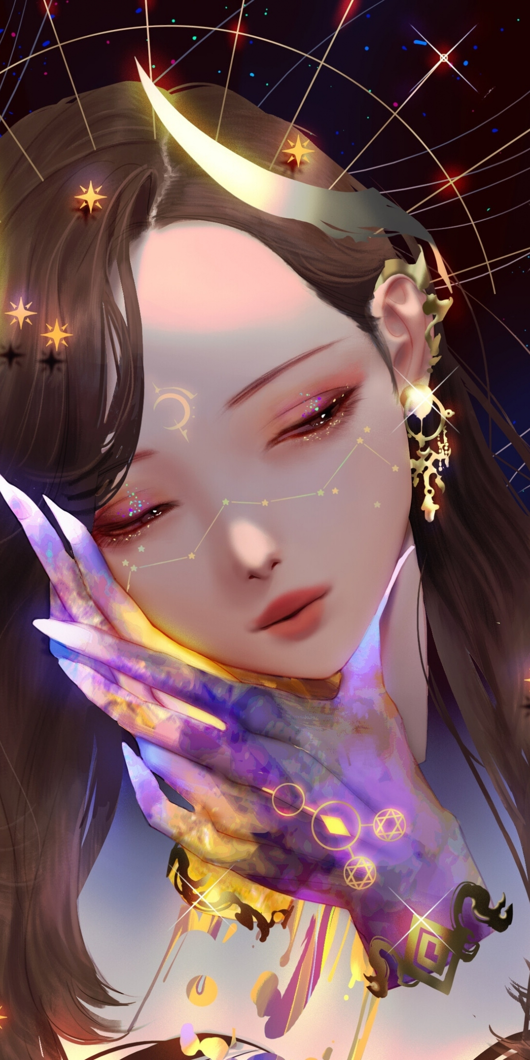 Cute girl's face, colorful hands, fantasy, art, 1080x2160 wallpaper