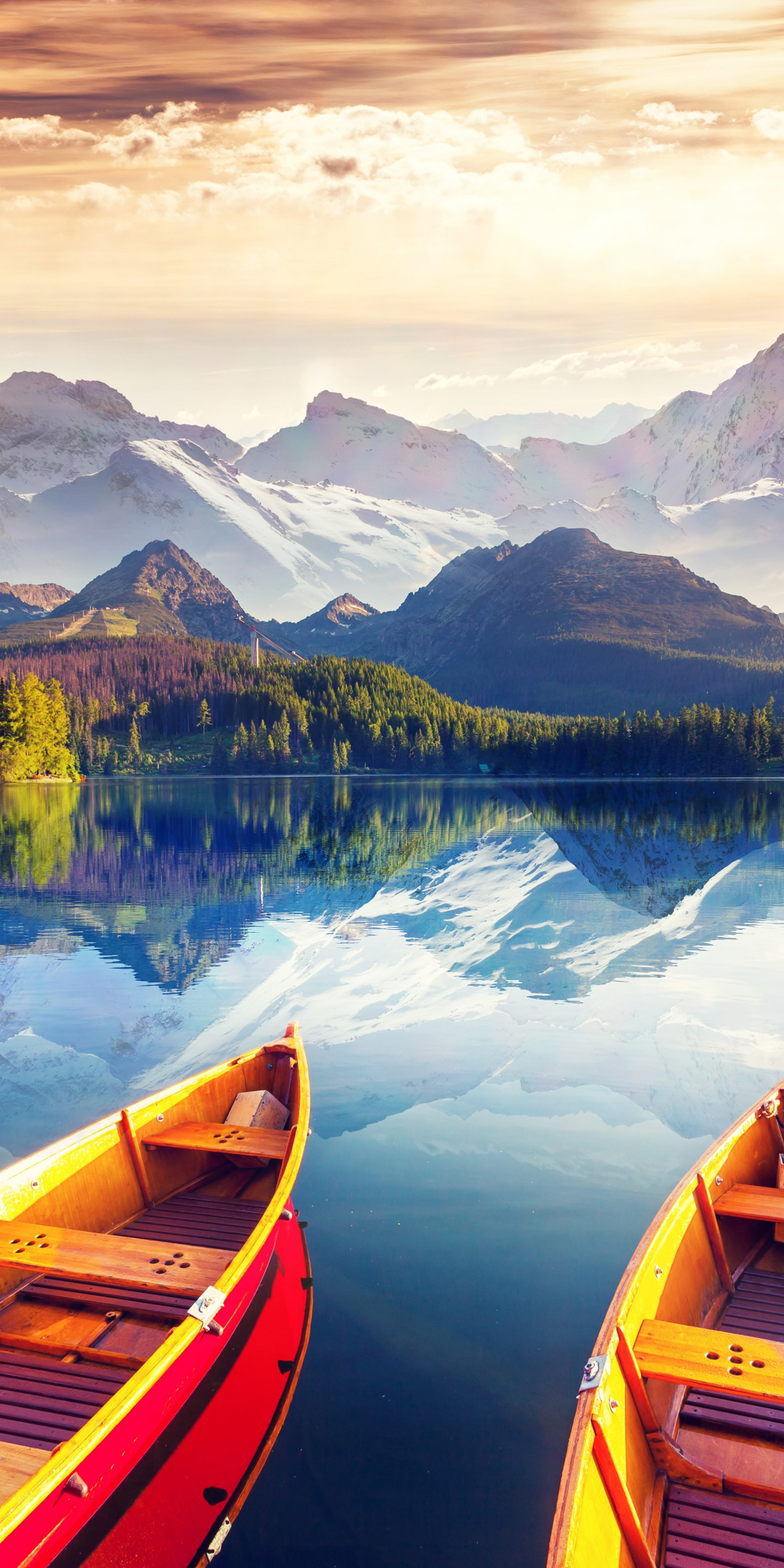 Mountains, boats, lake, tree, nature, 1080x2160 wallpaper