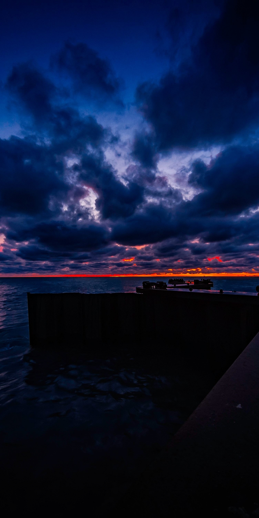 Pier, clouds, sunset, sea, dark, 1080x2160 wallpaper