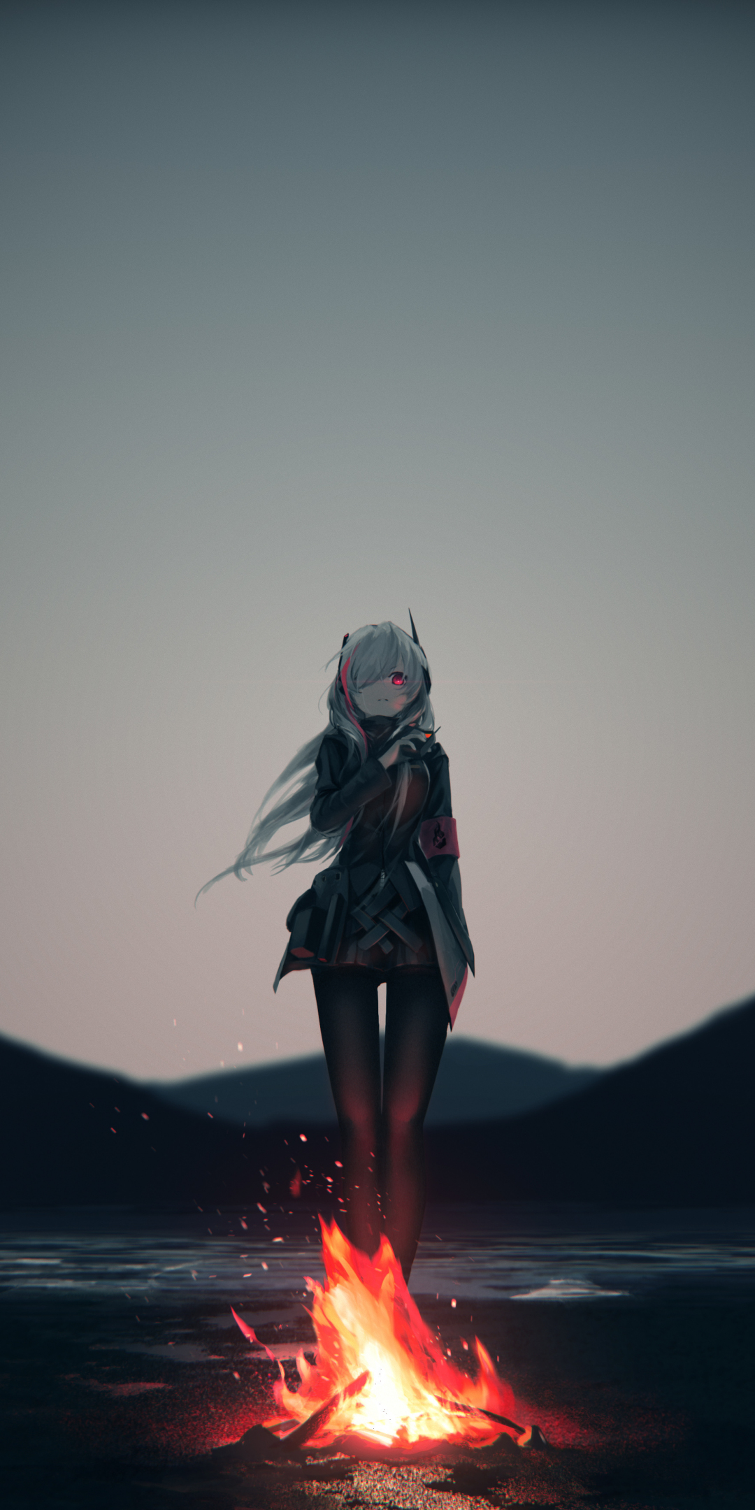 Fire, anime girl, night, original, art, 1080x2160 wallpaper