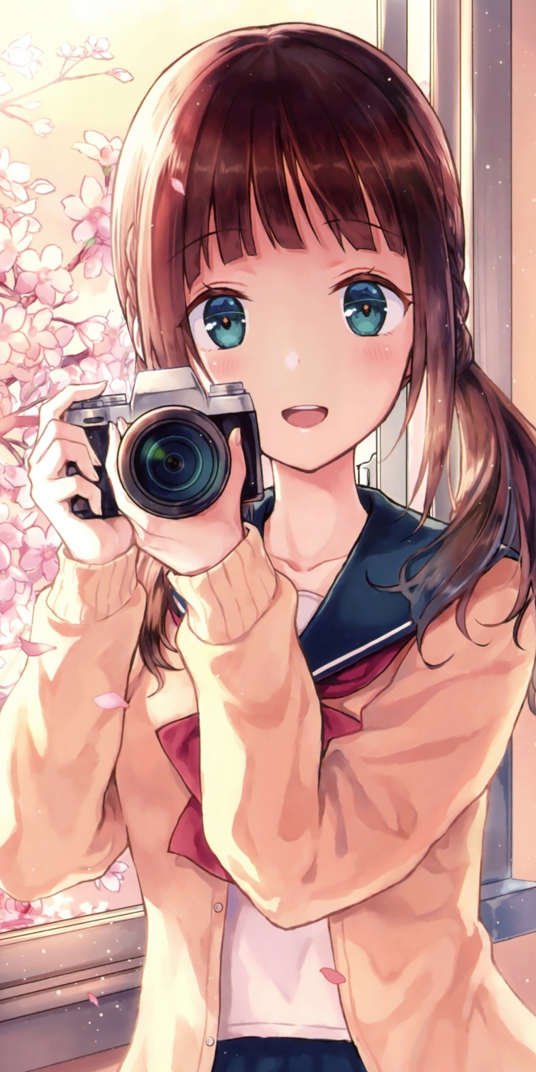 Anime girl, camera, photography, 1080x2160 wallpaper