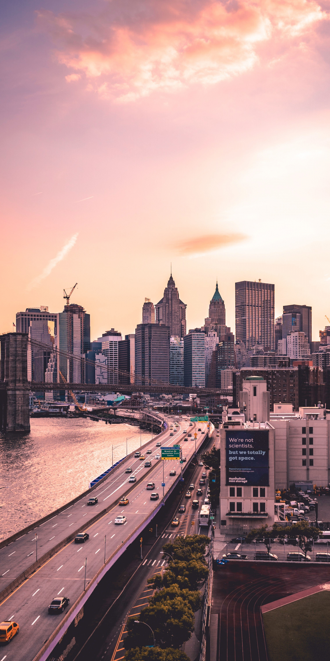 Manhattan Bridge, New York, city, buildings, susnet, 1080x2160 wallpaper