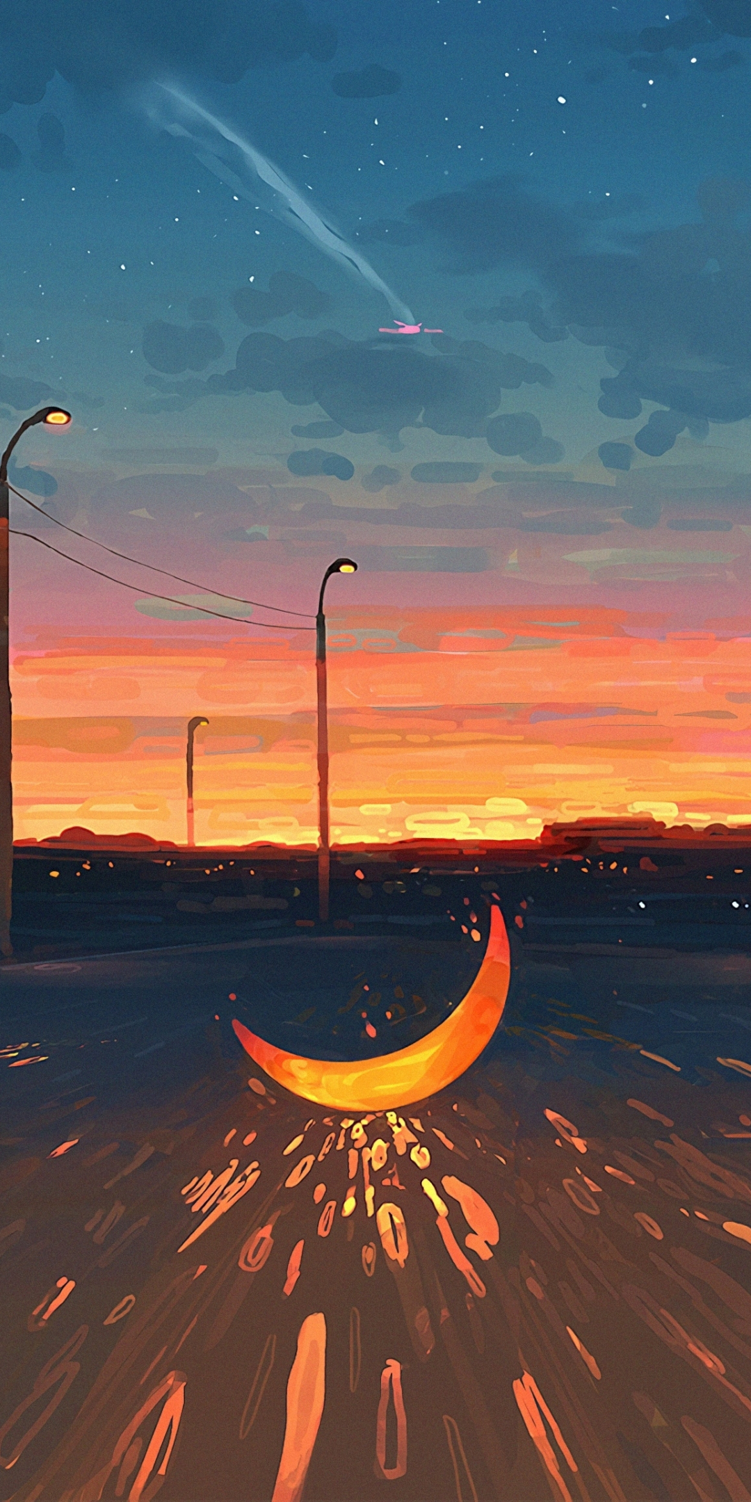 Moon on road, sunset, art, 1080x2160 wallpaper