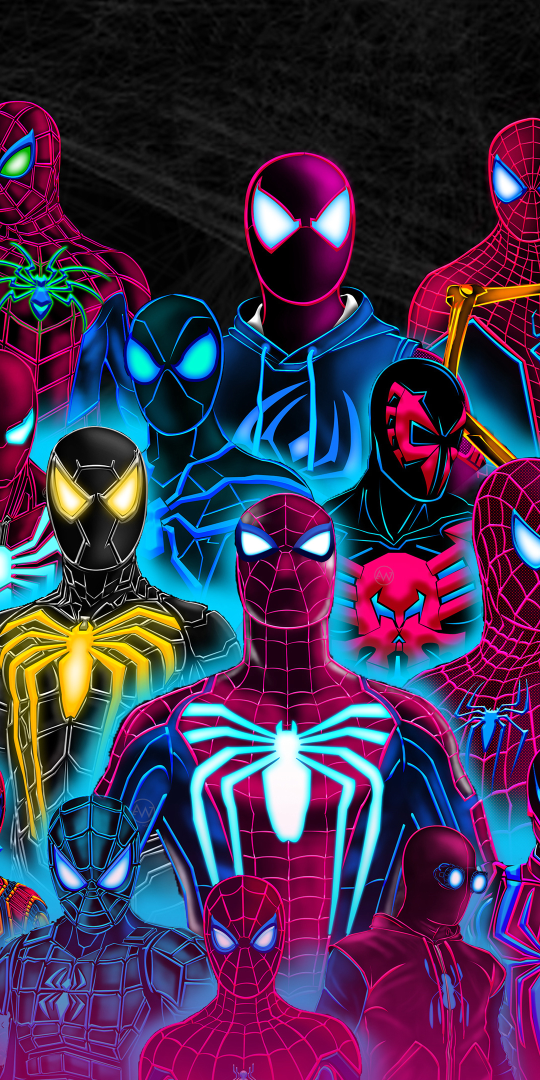 Spider-verse, all superhero, neon art, 1080x2160 wallpaper