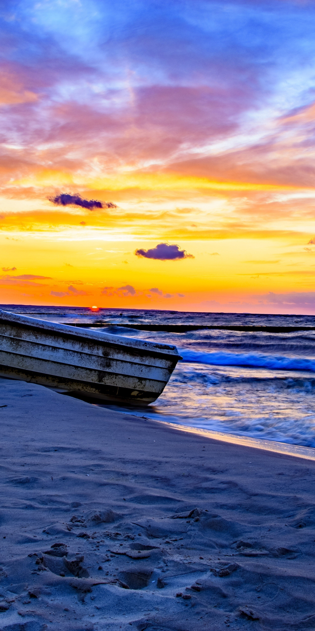 Boat, sand, beach, sunset, nature, 1080x2160 wallpaper