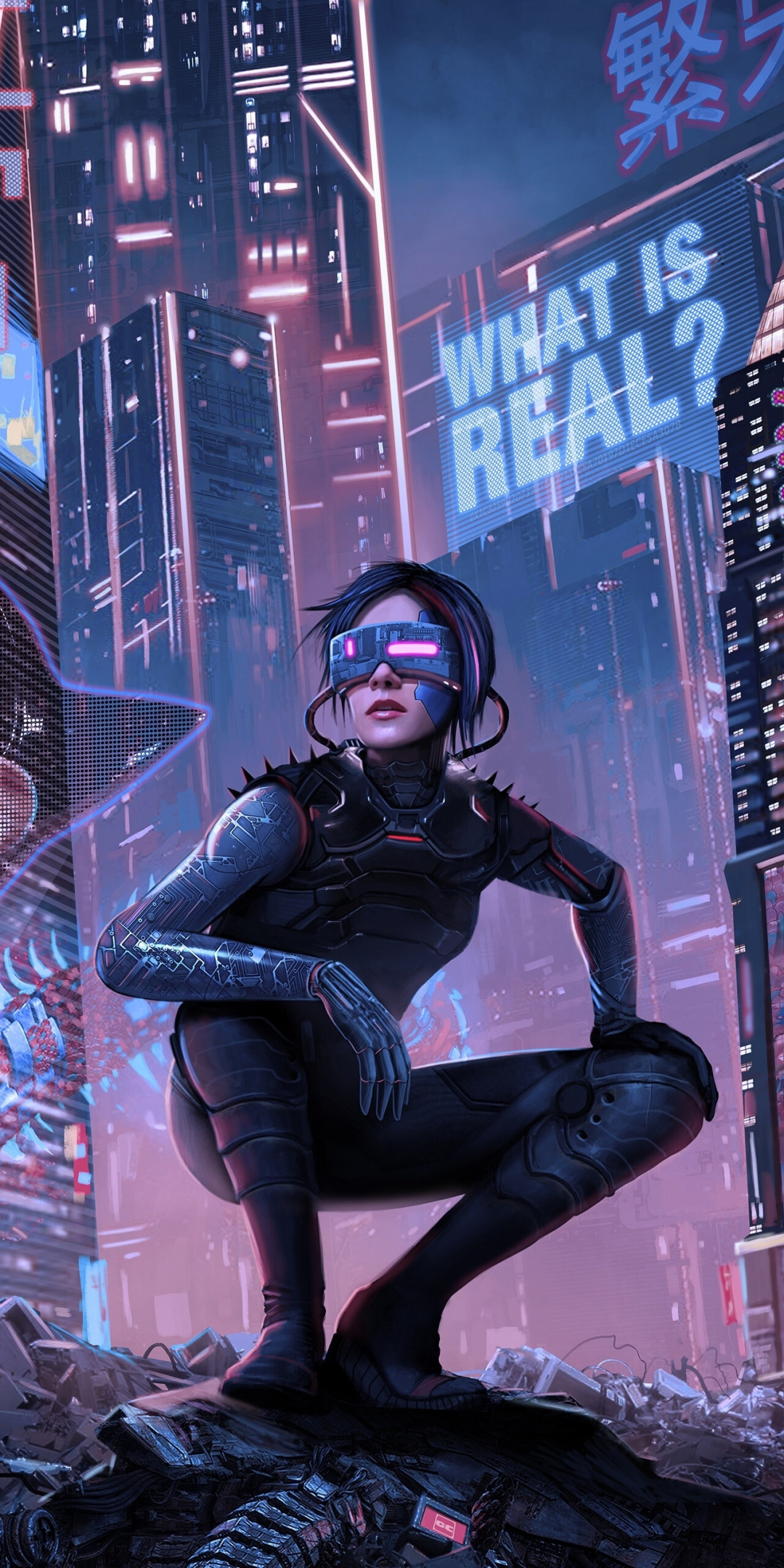 Cyberpunk, city, girl cyborg, art, 1080x2160 wallpaper