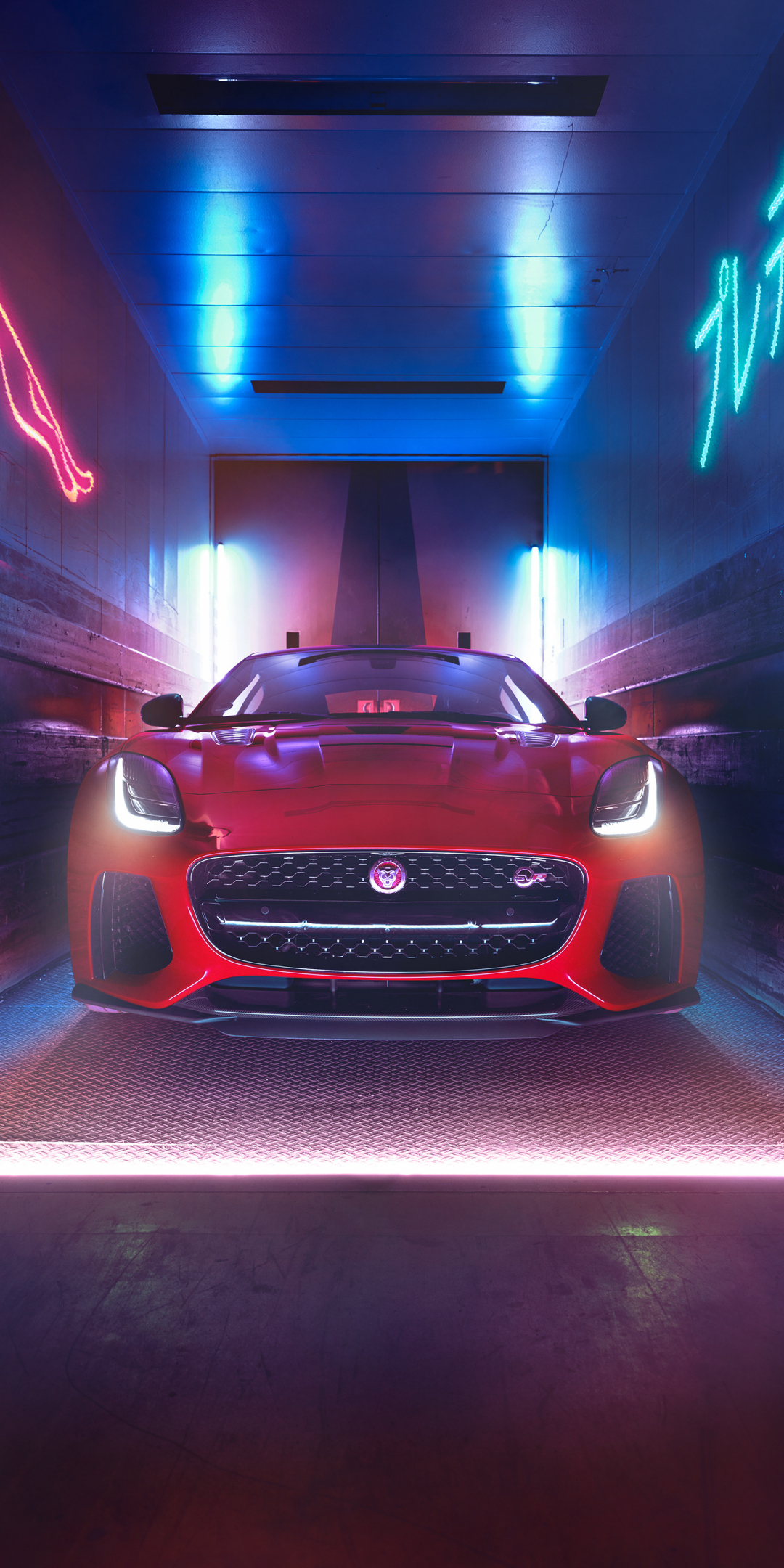 Neon lights, Jaguar F-Type, sports, luxury vehicle, 1080x2160 wallpaper