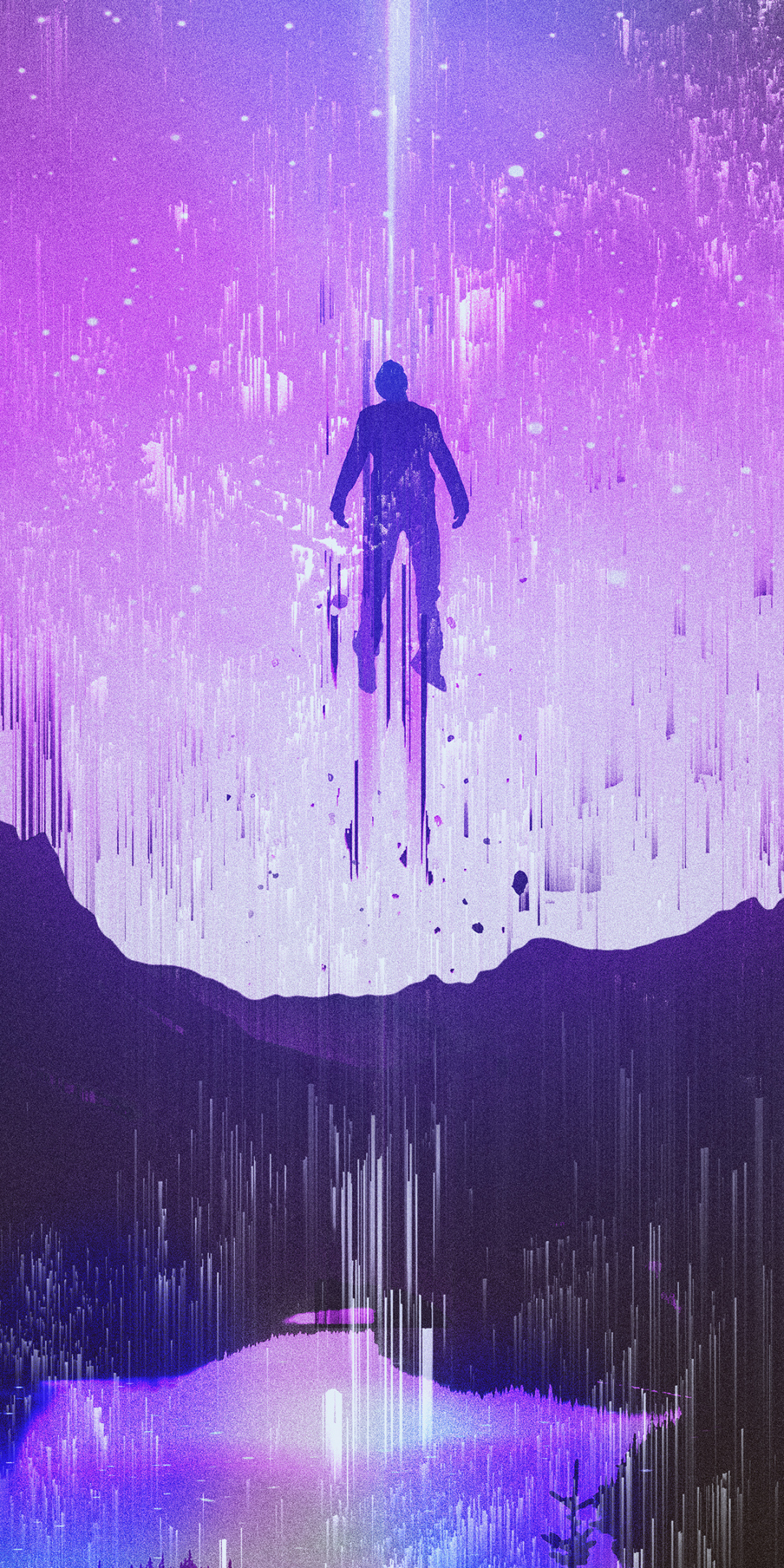 Purple sky, man, dream, glitch art, 1080x2160 wallpaper