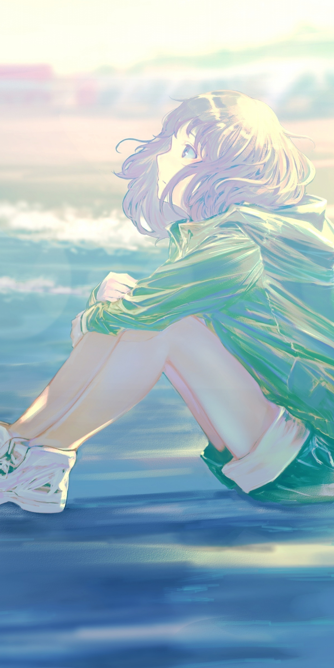 Sea shore, anime girl, art, 1080x2160 wallpaper