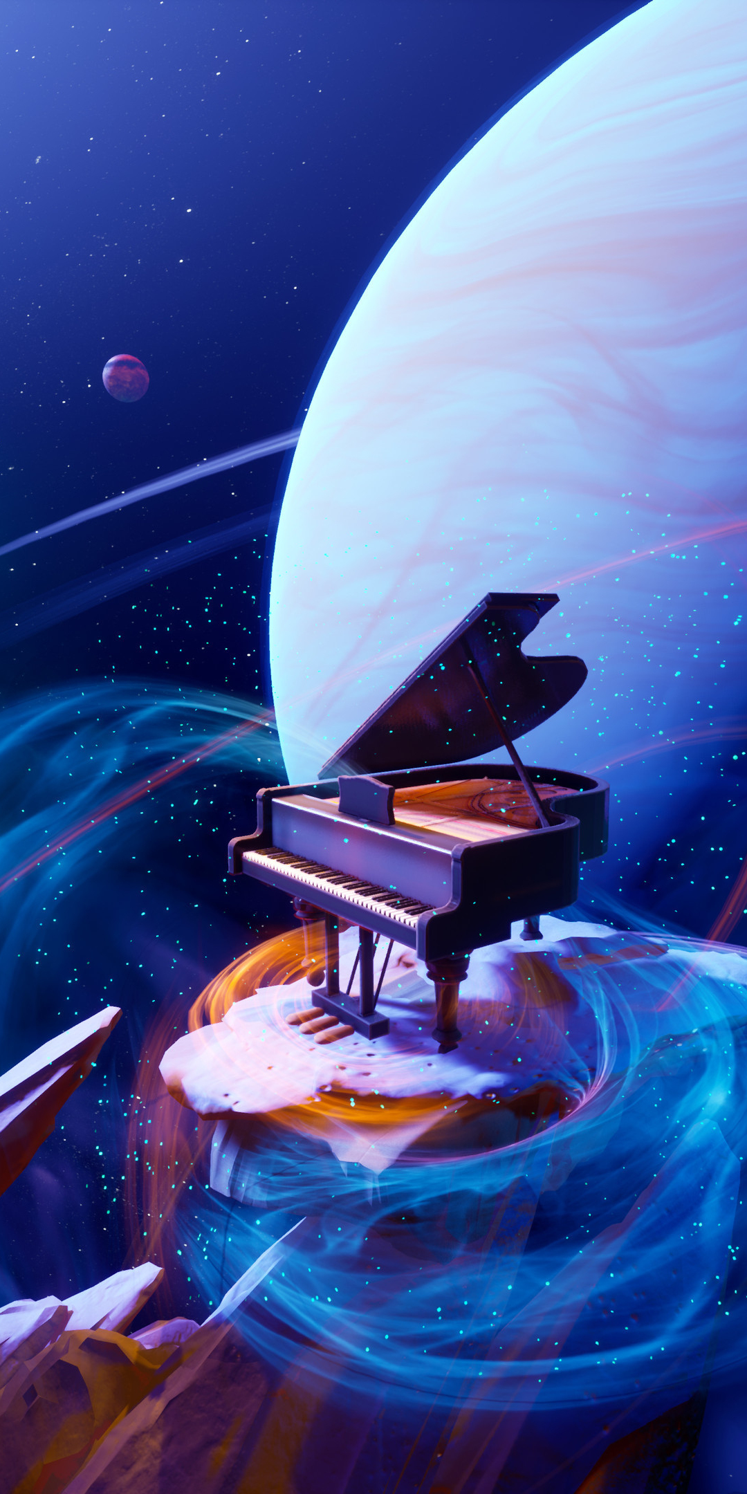 Space, planets, piano, fantsy, 1080x2160 wallpaper