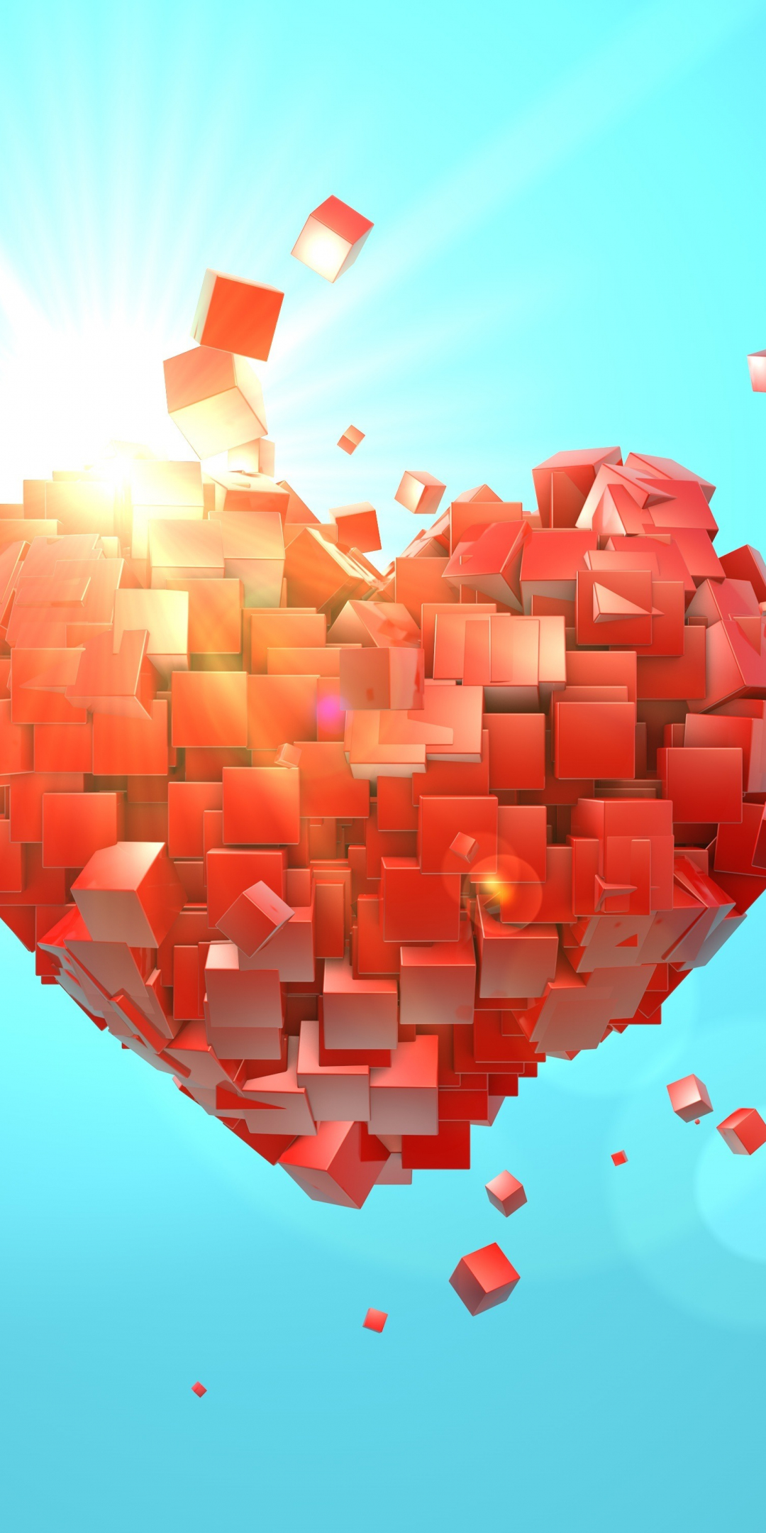 Heart explosion, love, red cubes, abstract, valentine day, 1080x2160 wallpaper
