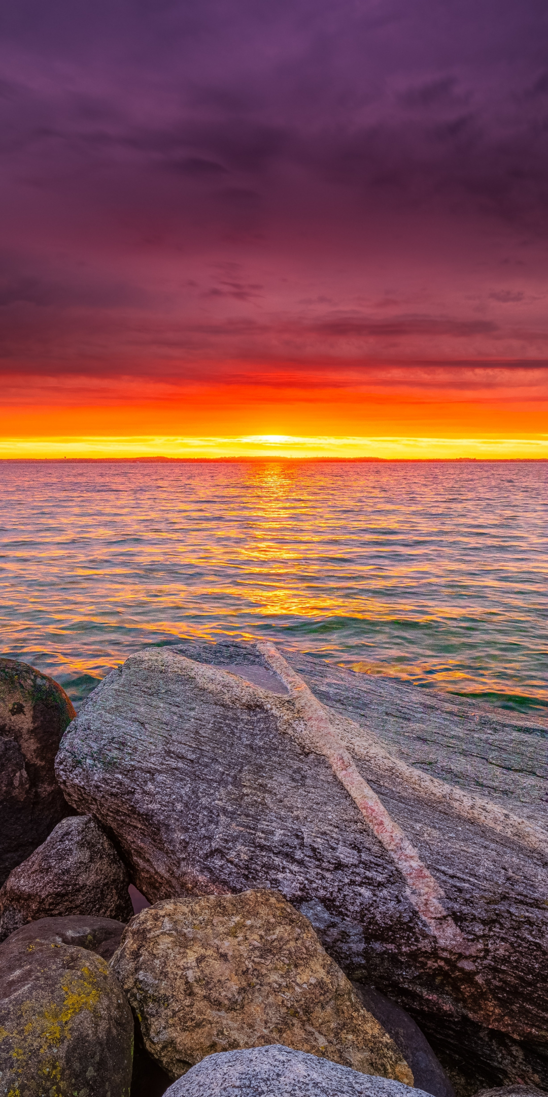 Sunset, rocks, coast, twilight, sea, 1080x2160 wallpaper