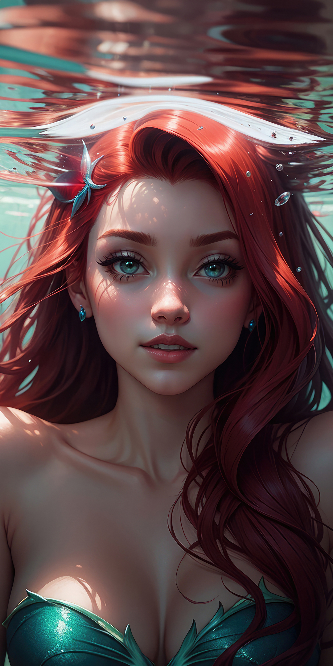 Beautiful Ariel, fantasy, underwater princess, art, 1080x2160 wallpaper