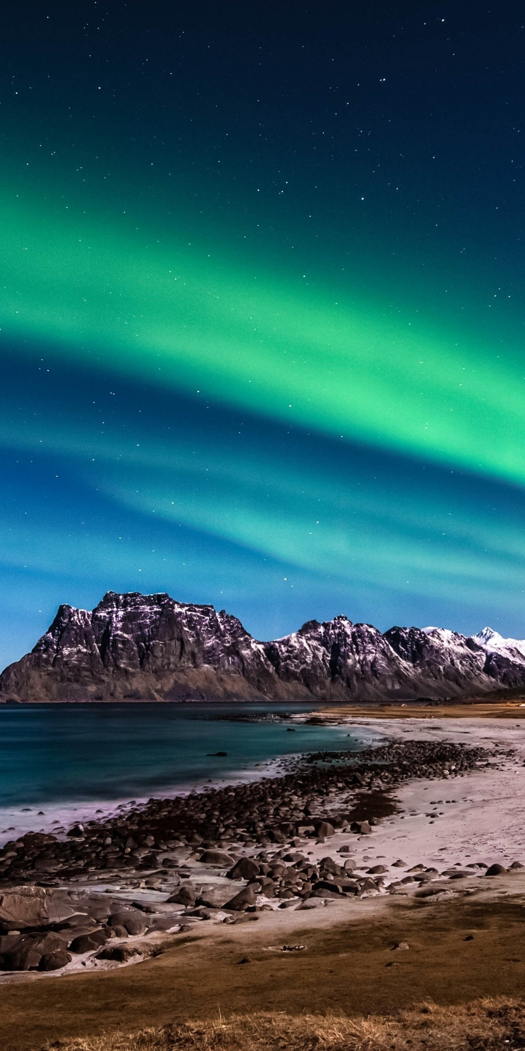 Lofoten islands, Norway, Aurora Borealis, Northern Lights, nature, beach, 1080x2160 wallpaper