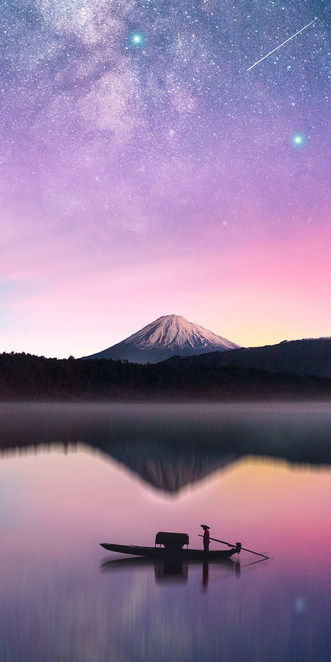 Milky way, mount Fuji, reflections, sunset, lake, 1080x2160 wallpaper
