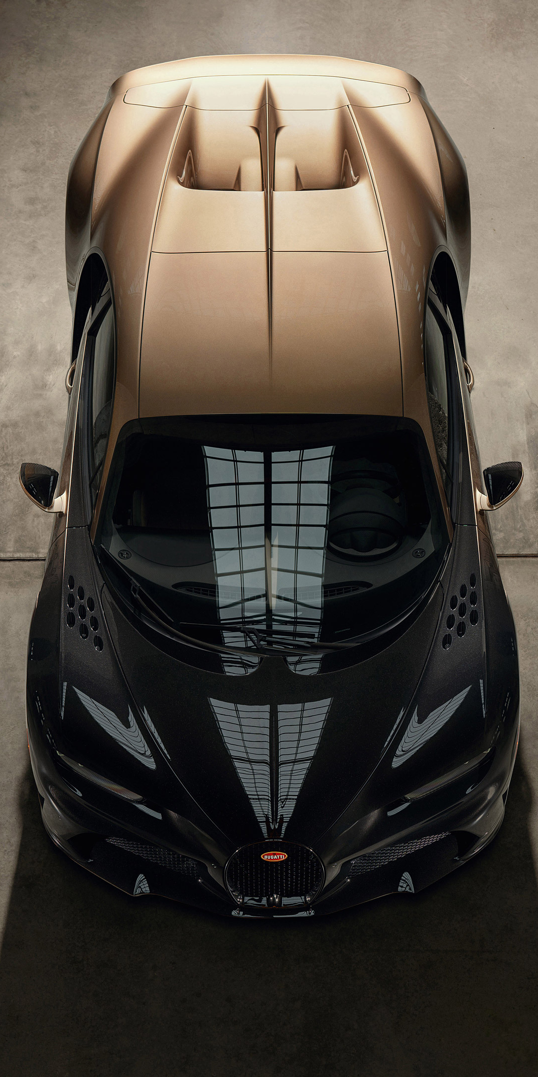 Bugatti Chiron Super Sport, golden color, top-view, 1080x2160 wallpaper