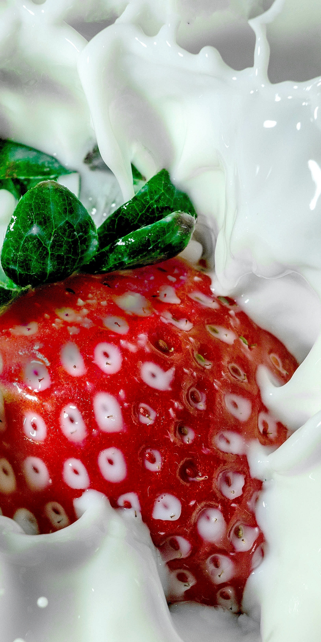 Strawberry, milk splashes, fruits, 1080x2160 wallpaper