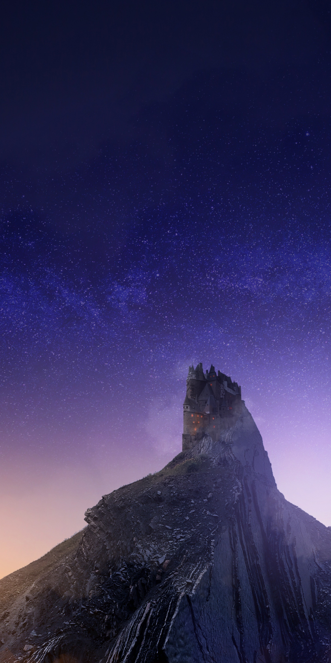 Castle, hill, mountains, stars, night, 1080x2160 wallpaper