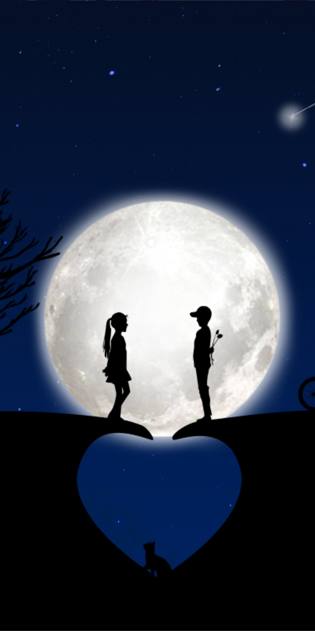 Heart, moon, couple, silhouette, art, 1080x2160 wallpaper
