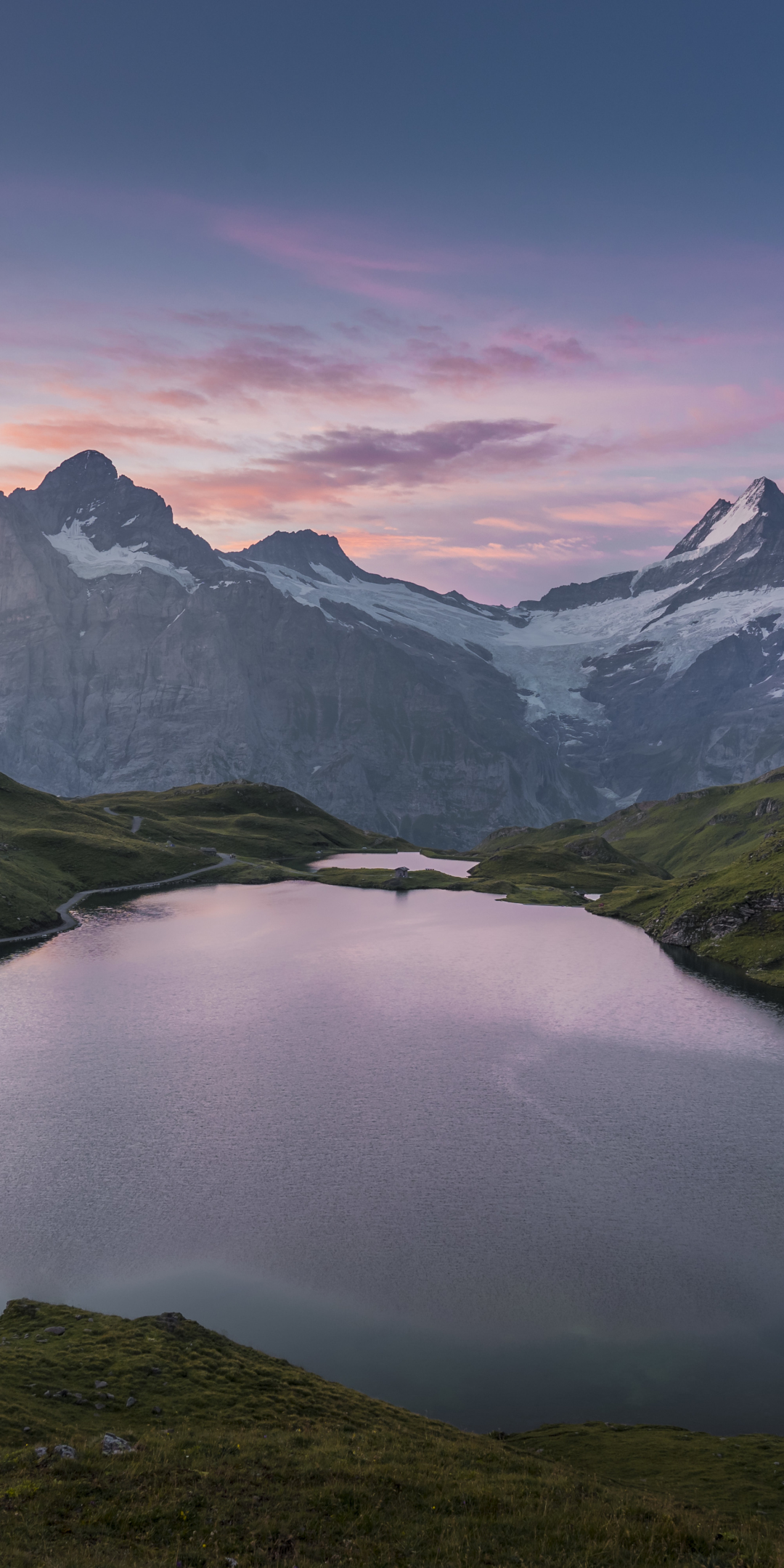 Mountains, nature, lake, green landscape, evening, 1080x2160 wallpaper