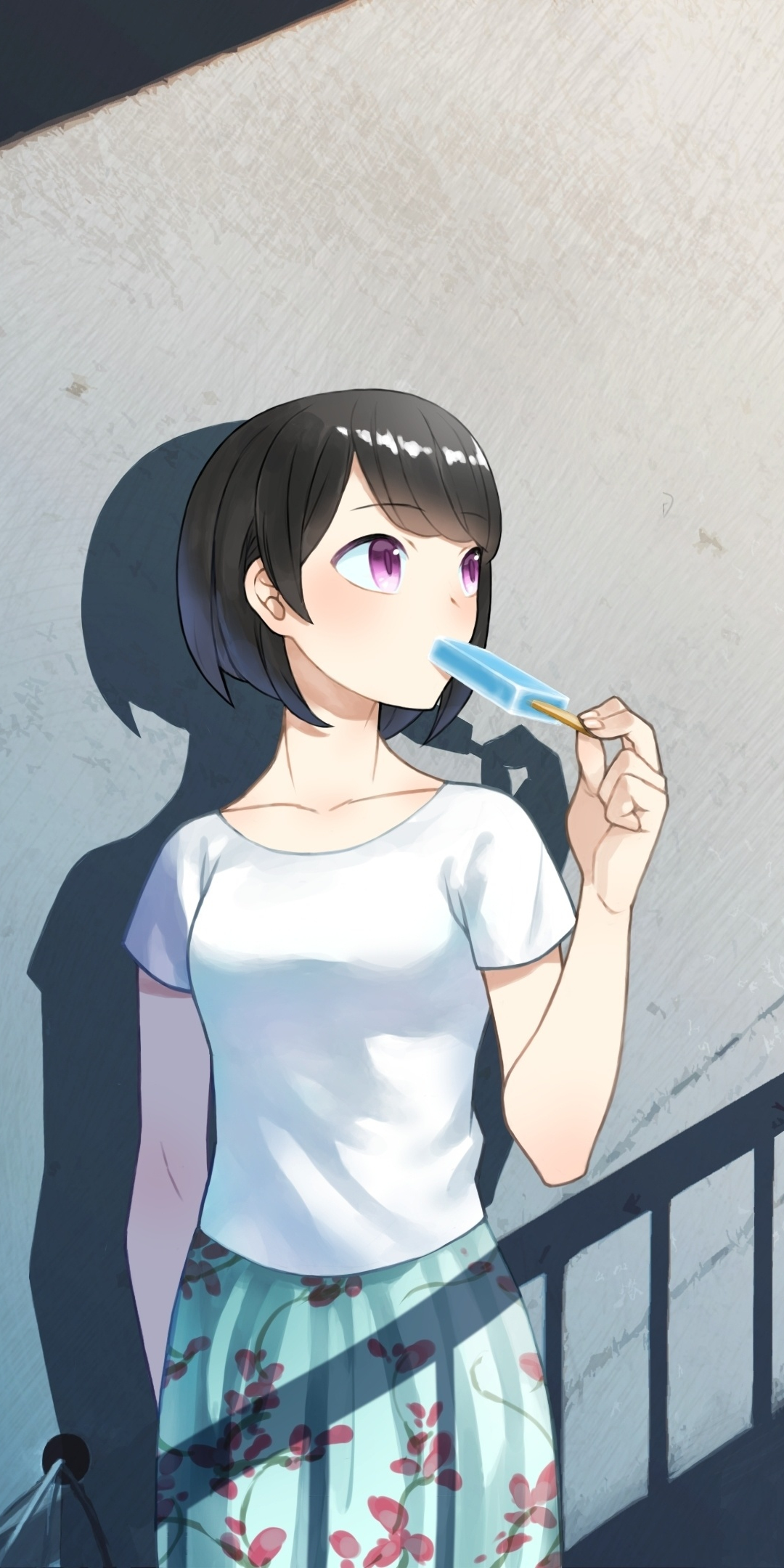 Cute, anime girl, terrace, summer, art, 1080x2160 wallpaper