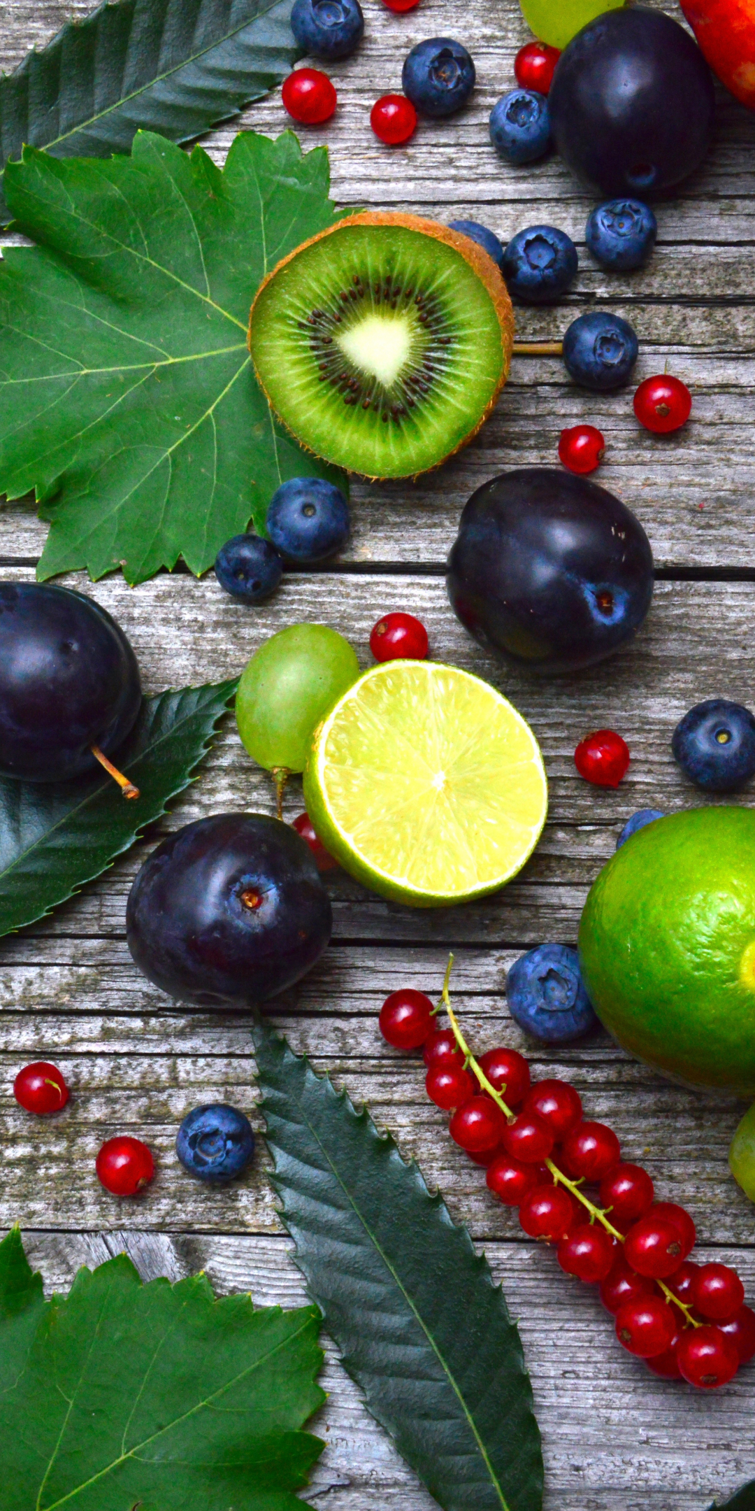 Fruits, lemon, blueberries, cherries, plum, fresh, 1080x2160 wallpaper