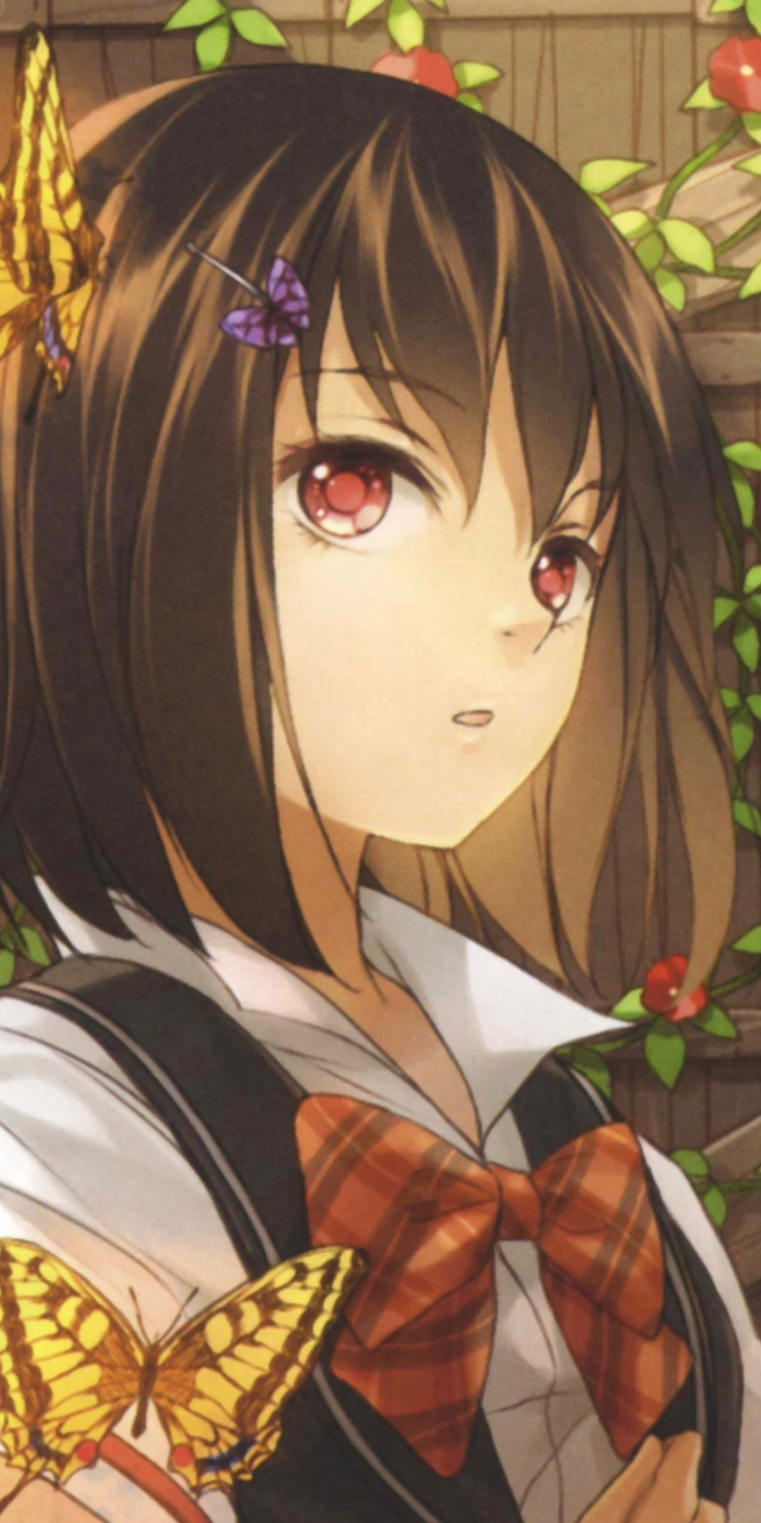 Buterfly, anime girl, red eyes, cute, 1080x2160 wallpaper