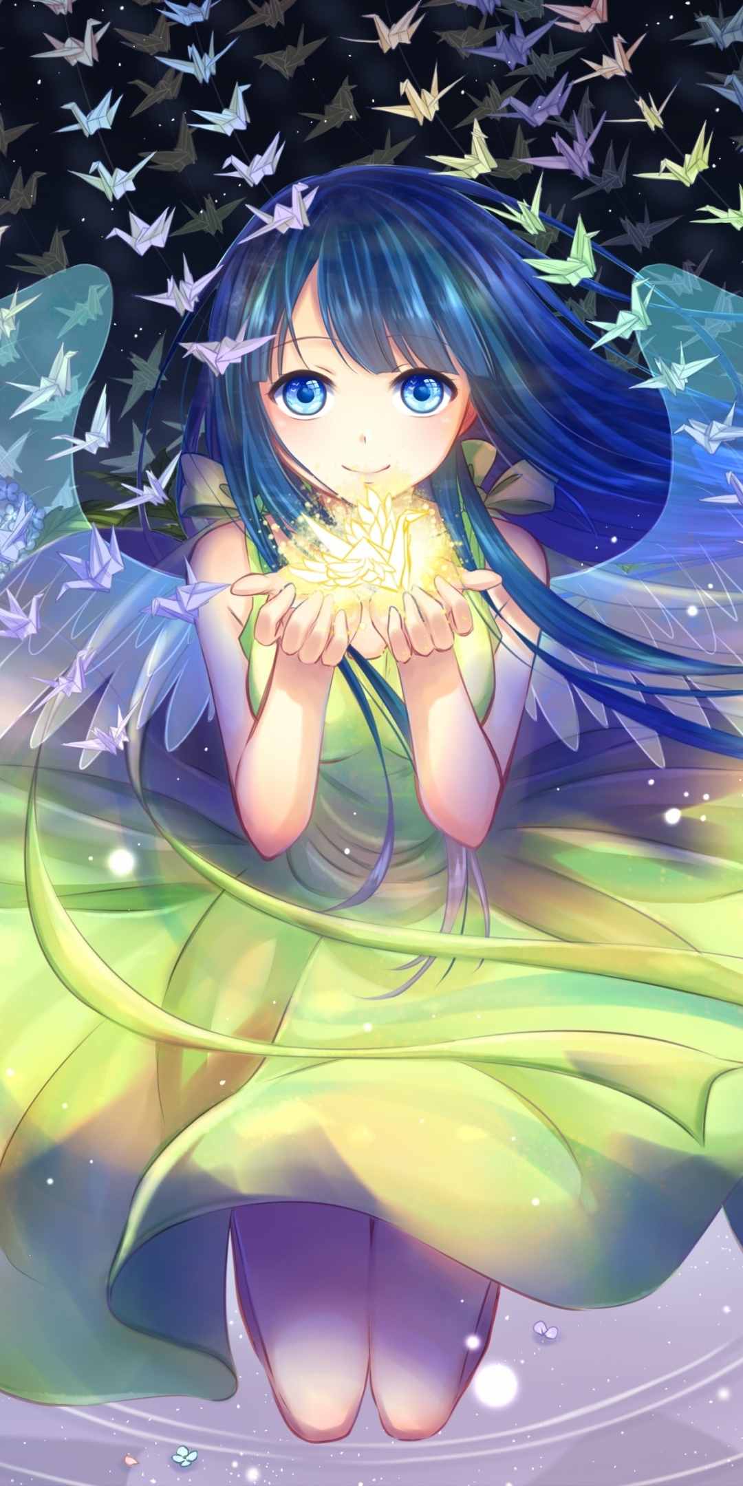 Cute, anime girl, blue hair, night out, small birds, original, 1080x2160 wallpaper