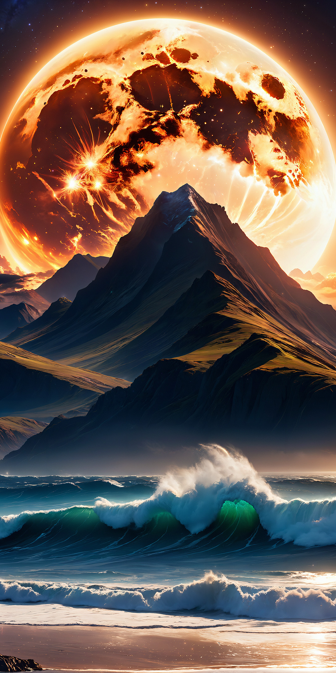The mountain and sea, moon, another world, fantasy, 1080x2160 wallpaper